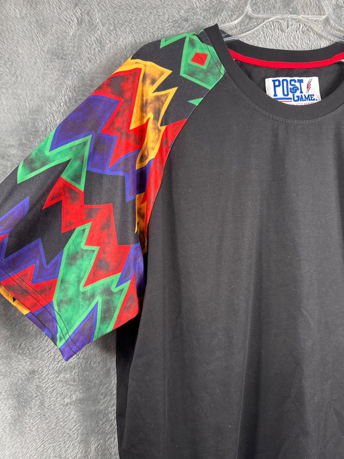 Post Game XL Black Shirt With Multicolor Geometric Sleeves & Logo