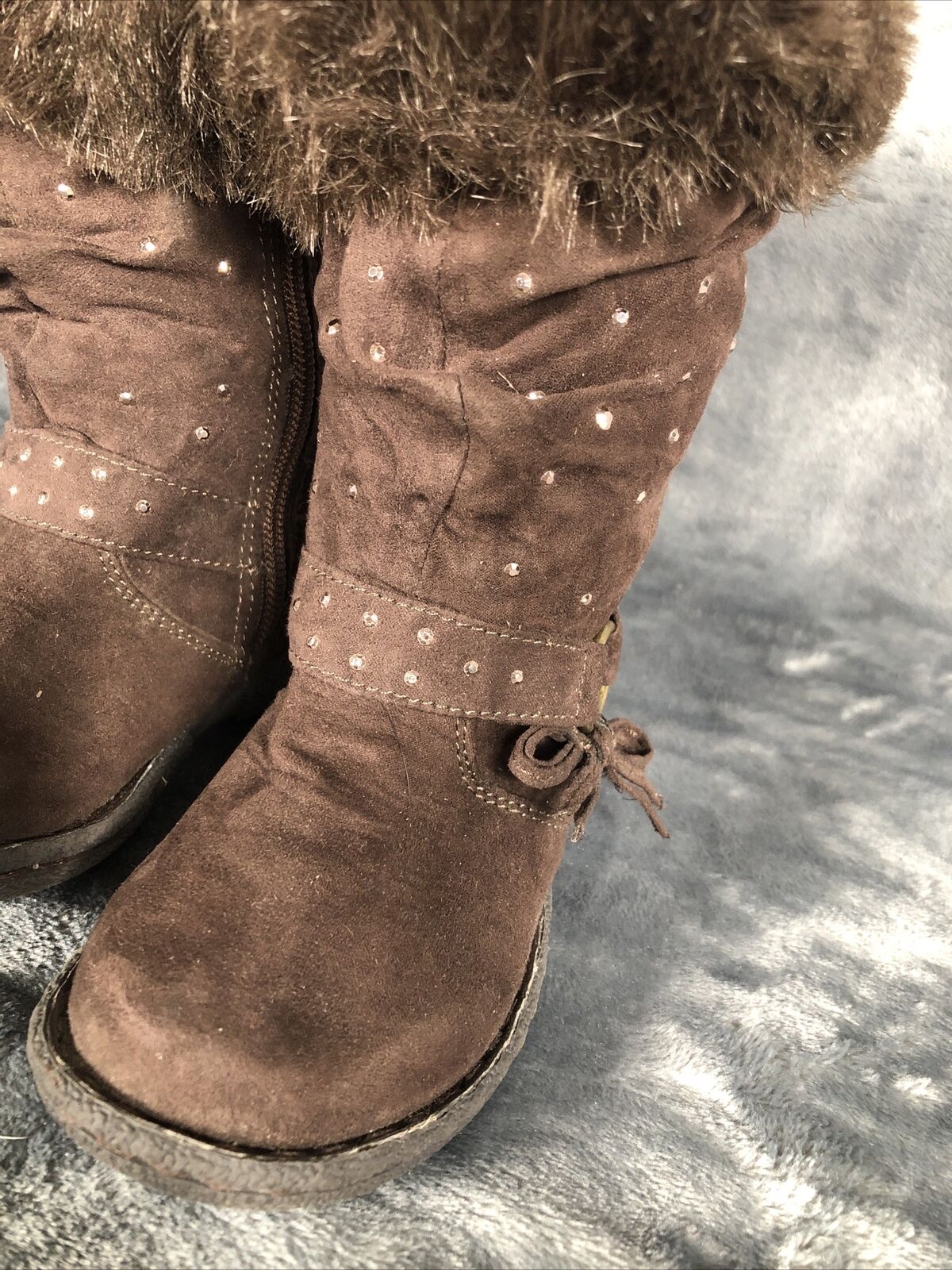 Girls Boots Brown Piper Bling Boots Faux Fur Tops Size 7