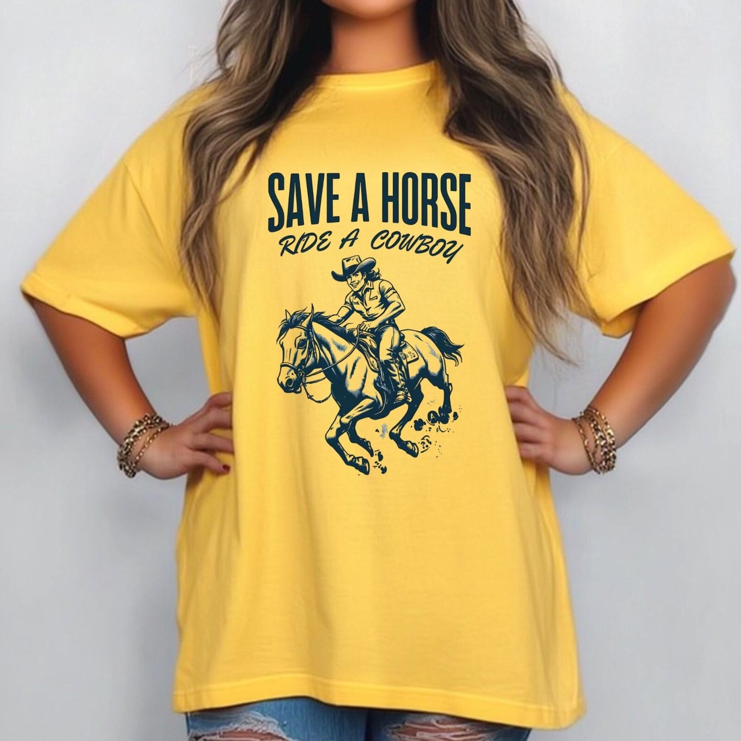 Womans T Shirt Funny Save A Horse Ride A Cowboy Top Graphic Tee Shirt Sizes S-3X