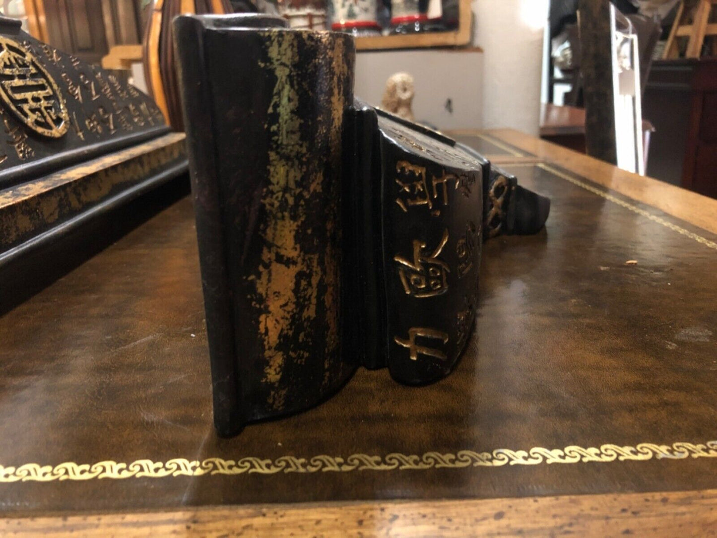 Antique Chinese Calligraphy Bookends With Gold Detailing & Characters