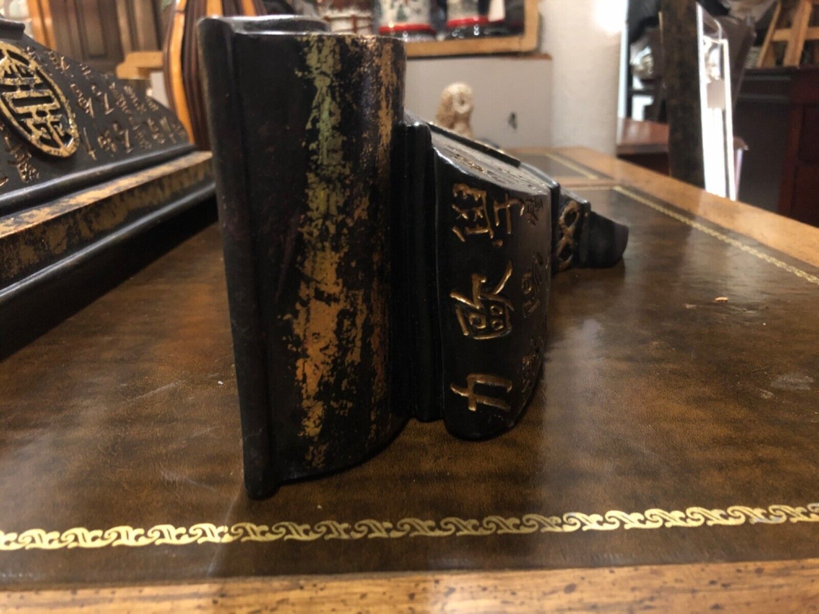 Antique Chinese Calligraphy Bookends With Gold Detailing & Characters