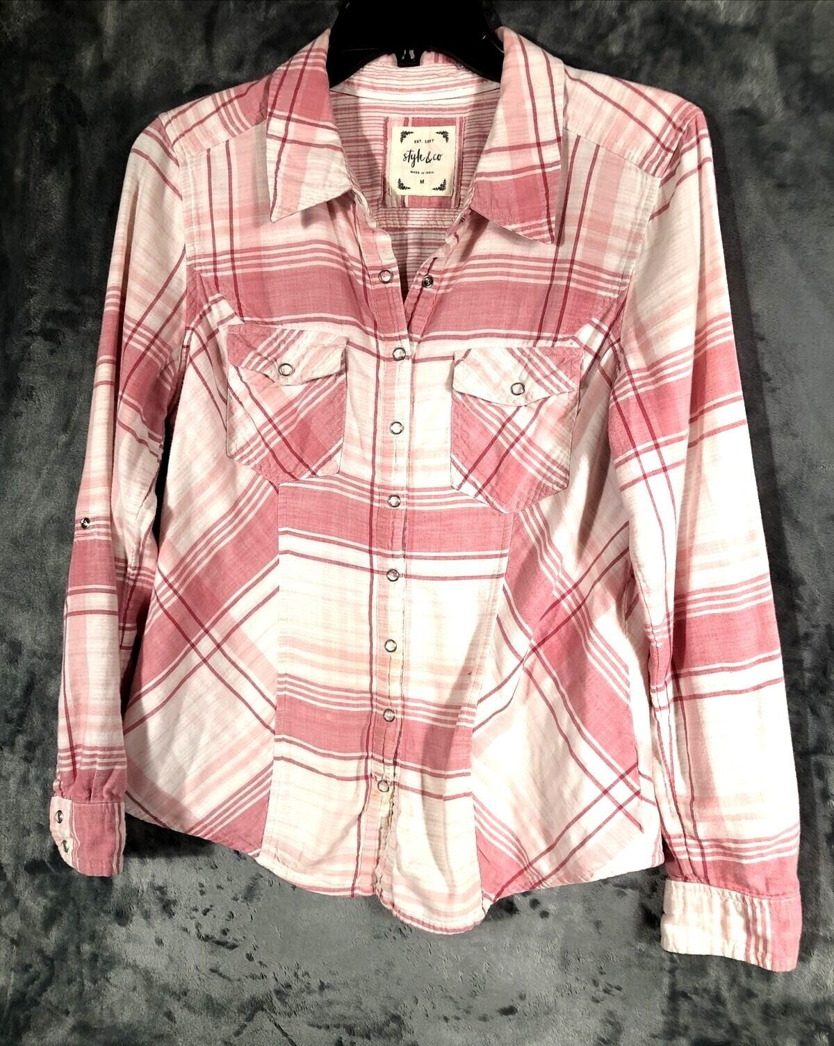 Style & Co Womens Pink Plaid Button-Up Shirt M