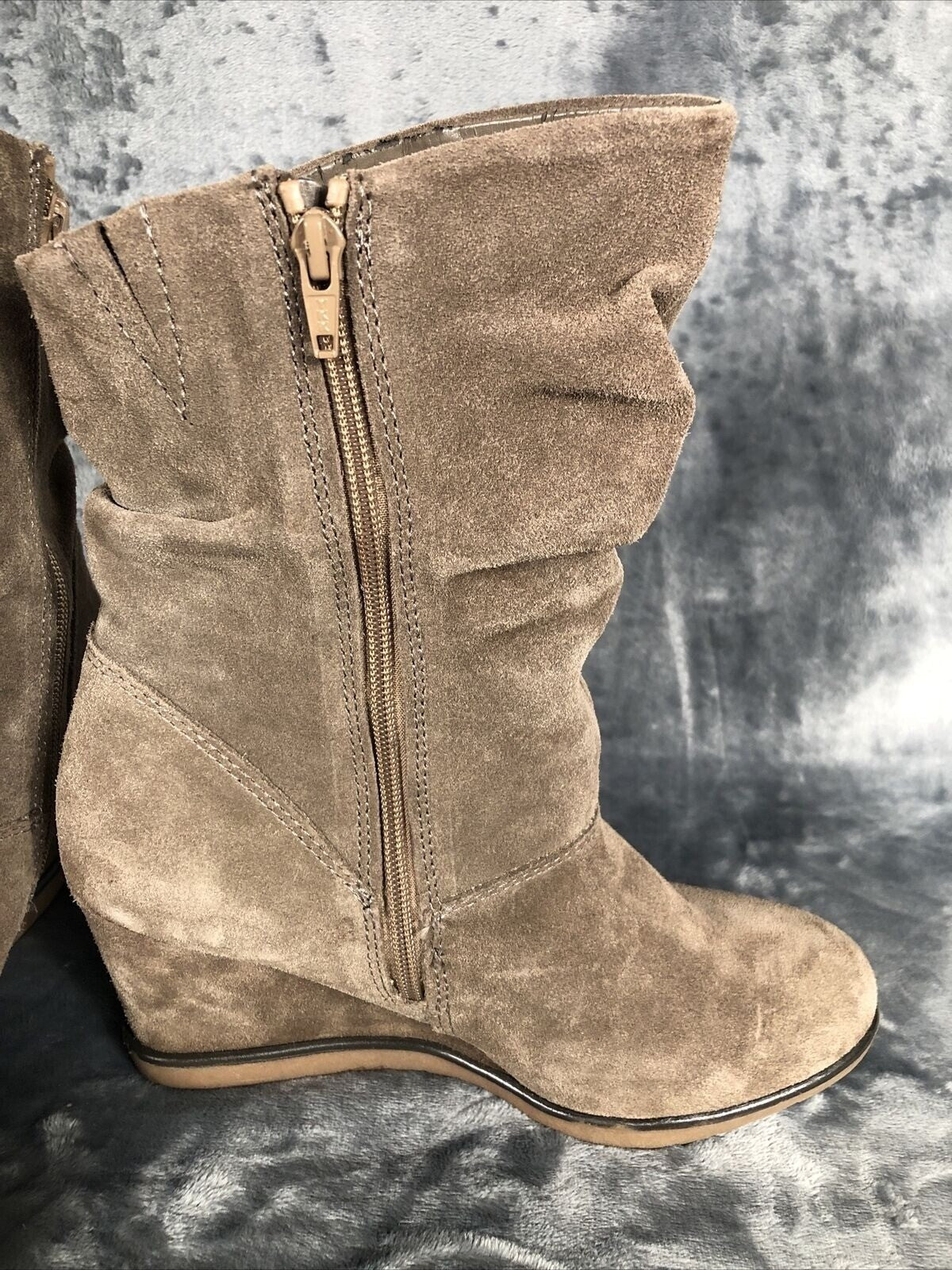 Suede Boots Woman's Wedge Heel Slouch Brown Boots With Zipper Closure & Stitch