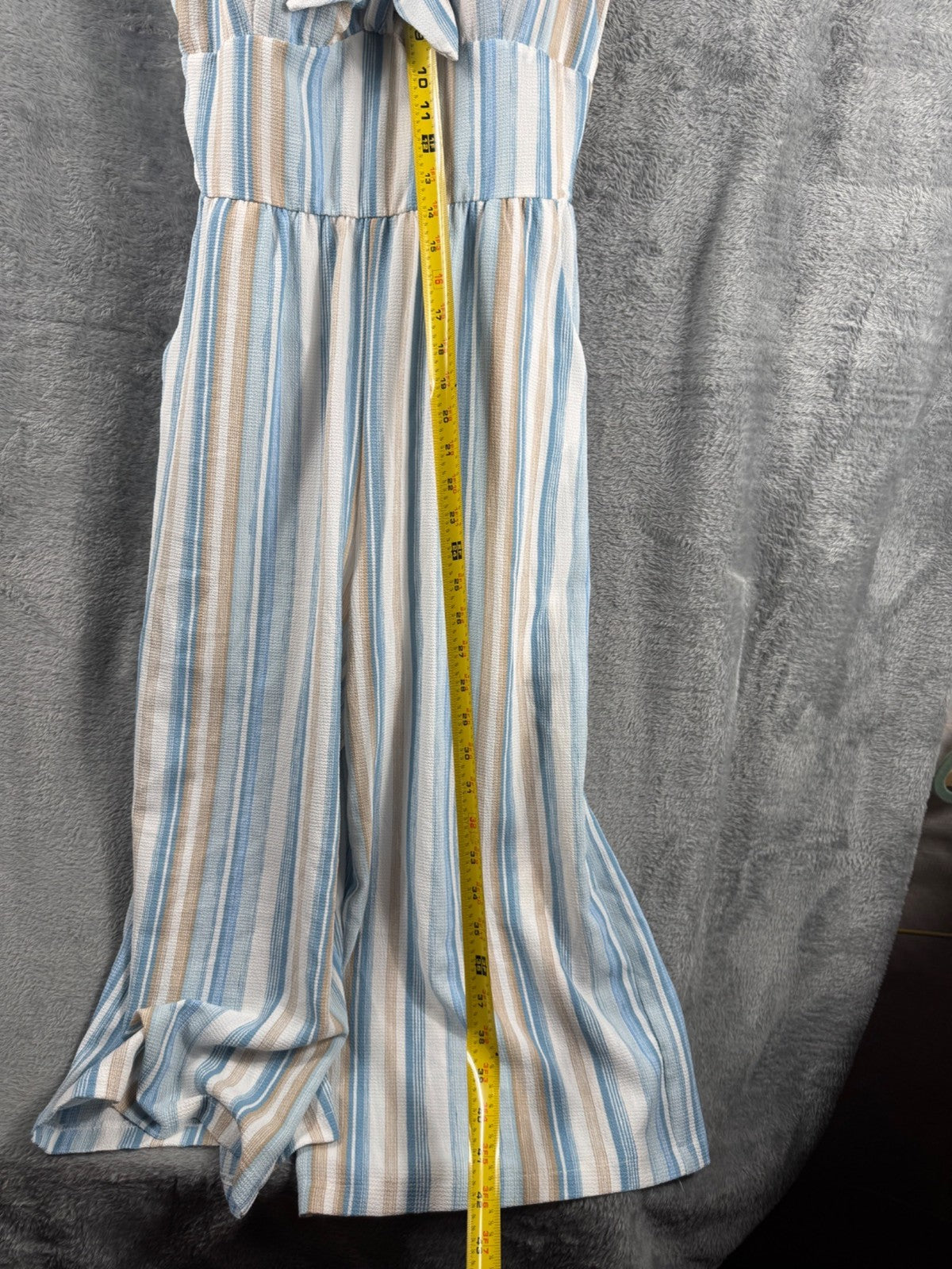 Striped Jumpsuit With Bow Front By As U Wish Size L Blue & Beige Lightweight Wov