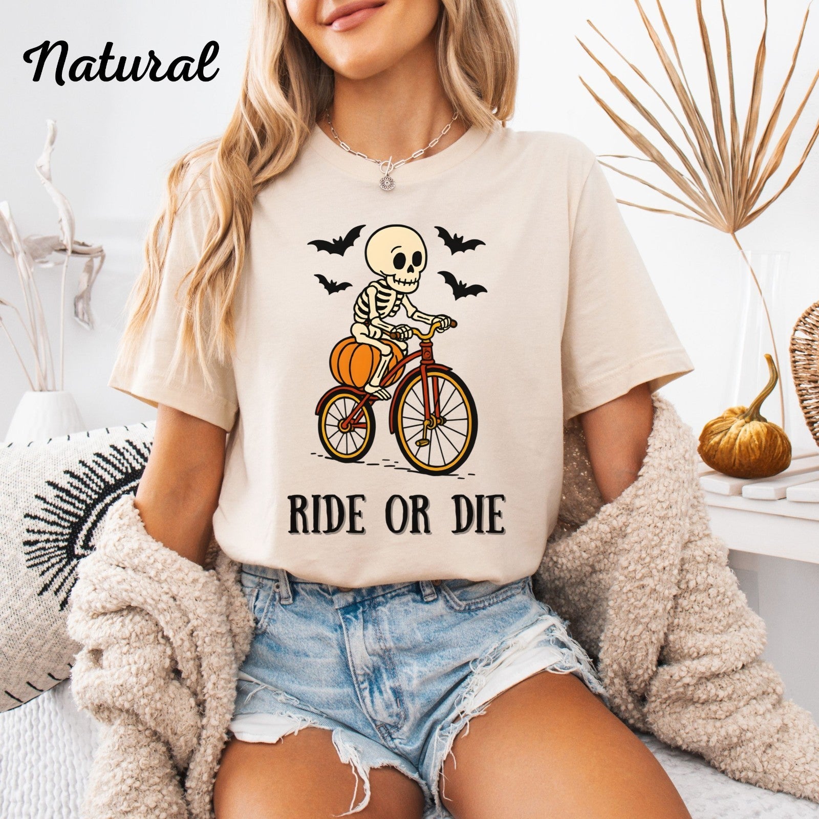 Womans Halloween T Shirt Ride Or Die Shirt  Skeleton on a Bike  Funny Tee