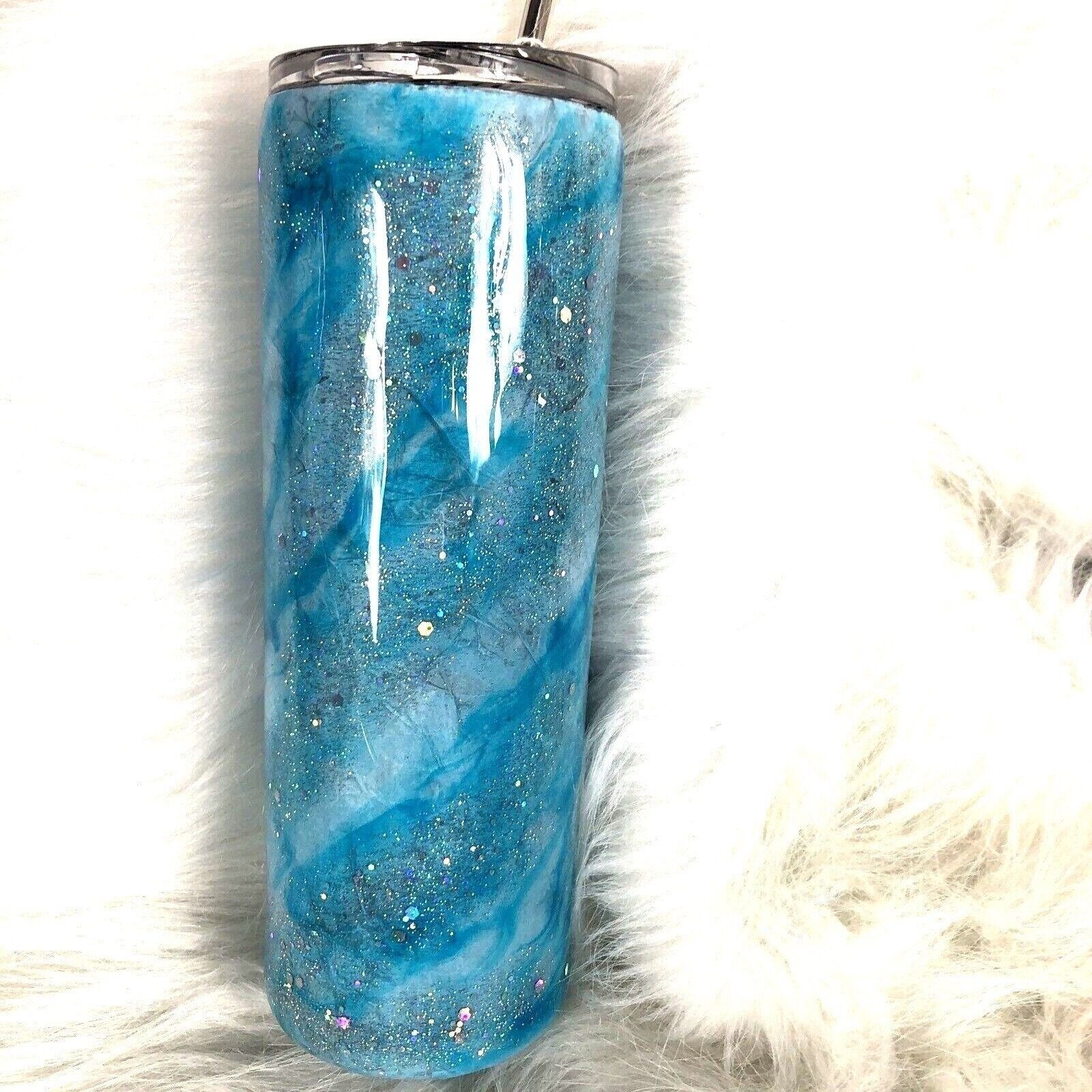 Blue/Silver Swirl Design Tumbler Stainless Steel Handmade Alcohol Ink Cup