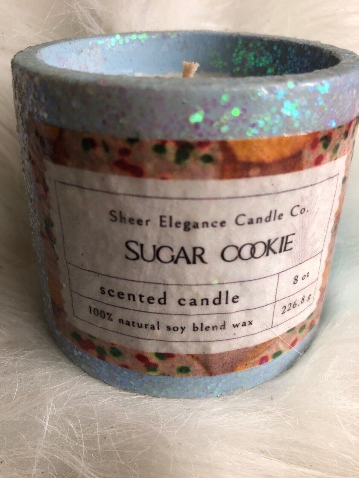 Sheer Elegance Sugar Cookie Scented Candle 8 Oz Iridescent Glitter Soy Wax For H