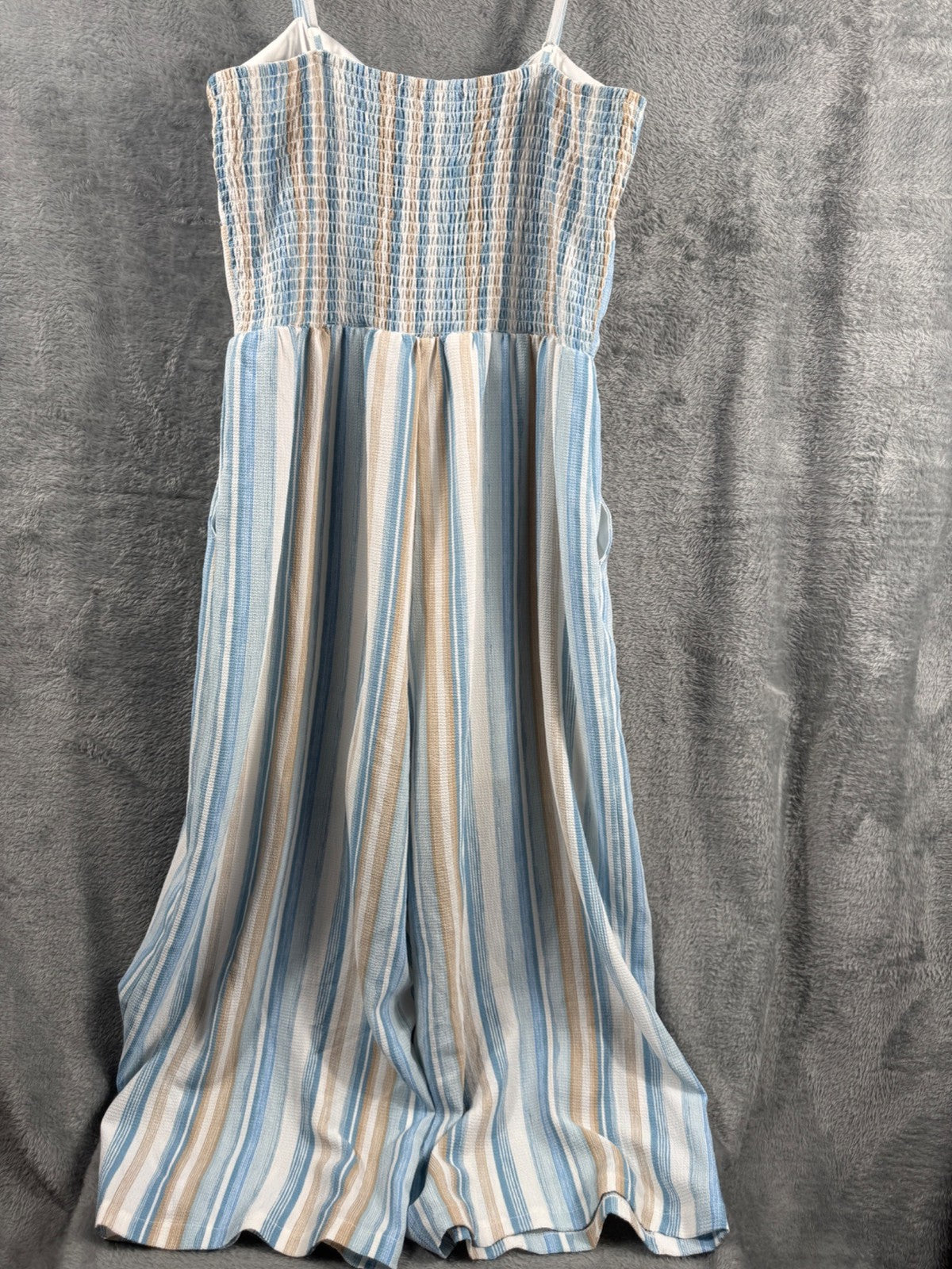 Striped Jumpsuit With Bow Front By As U Wish Size L Blue & Beige Lightweight Wov