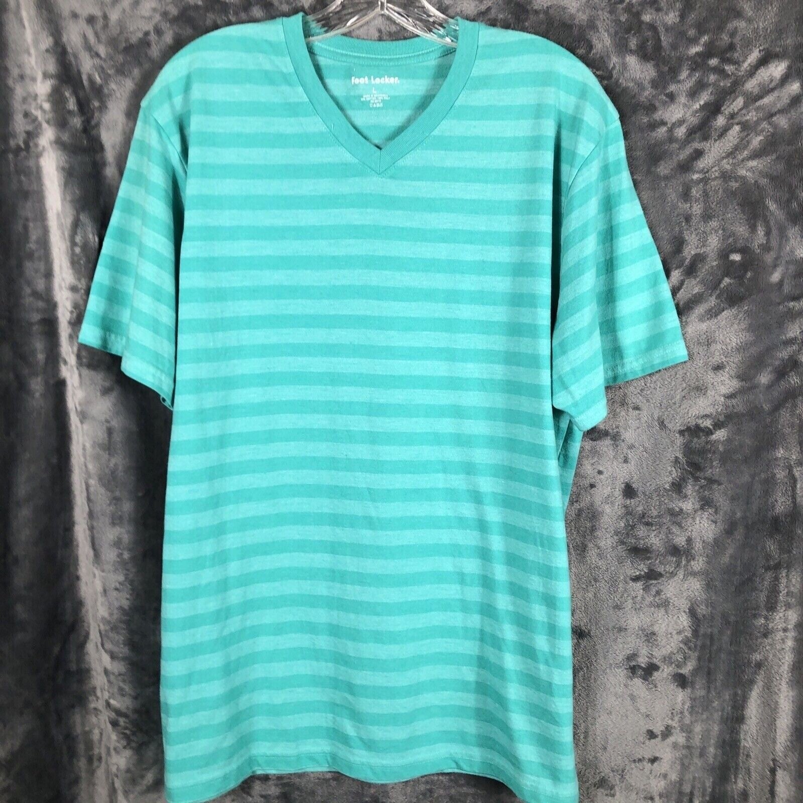 Foot Locker Mens Large Teal V-Neck Striped Short Sleeve Shirt 50% Cotton 50% Pol