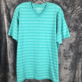 Foot Locker Mens Large Teal V-Neck Striped Short Sleeve Shirt 50% Cotton 50% Pol