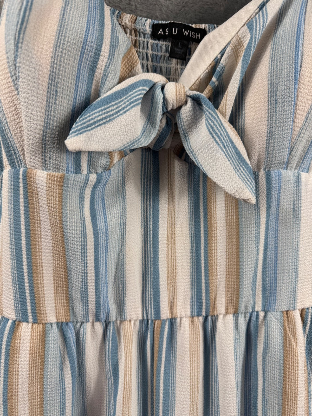 Striped Jumpsuit With Bow Front By As U Wish Size L Blue & Beige Lightweight Wov