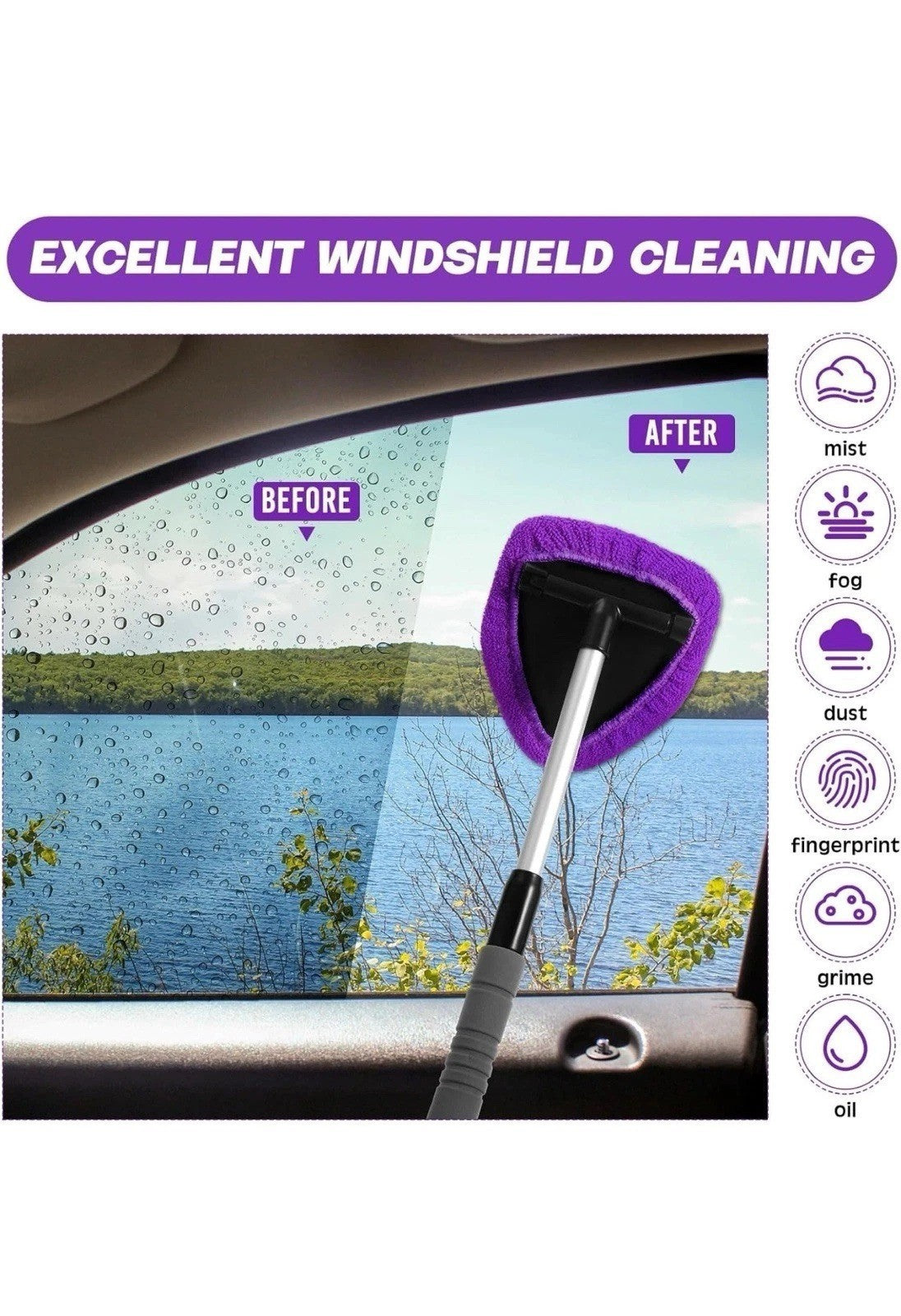 Windshield Cleaning Tool With Extendable Handle & Reusable Microfiber Pads
