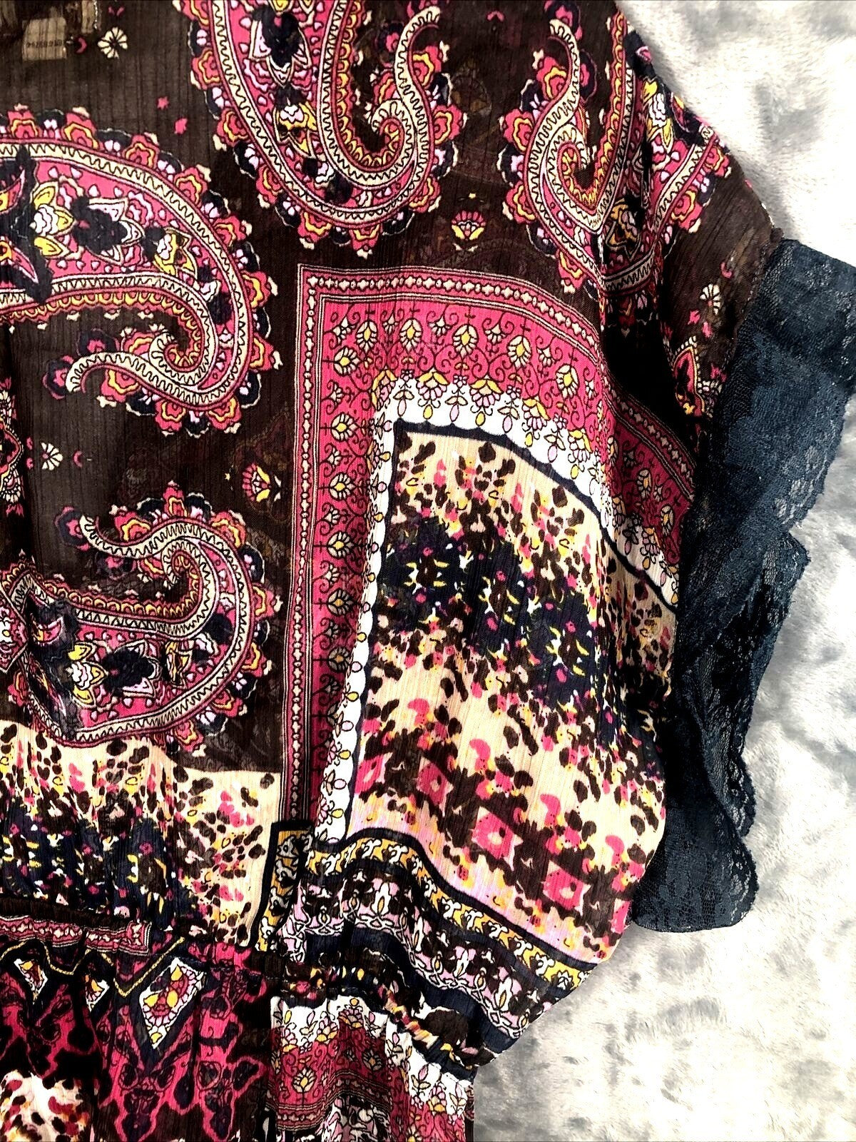 OneWorld Womens Blouse Boho Kimono Top With Lace Trim & Paisley Design
