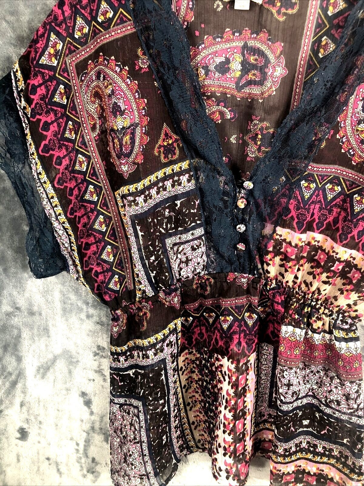 OneWorld Womens Blouse Boho Kimono Top With Lace Trim & Paisley Design