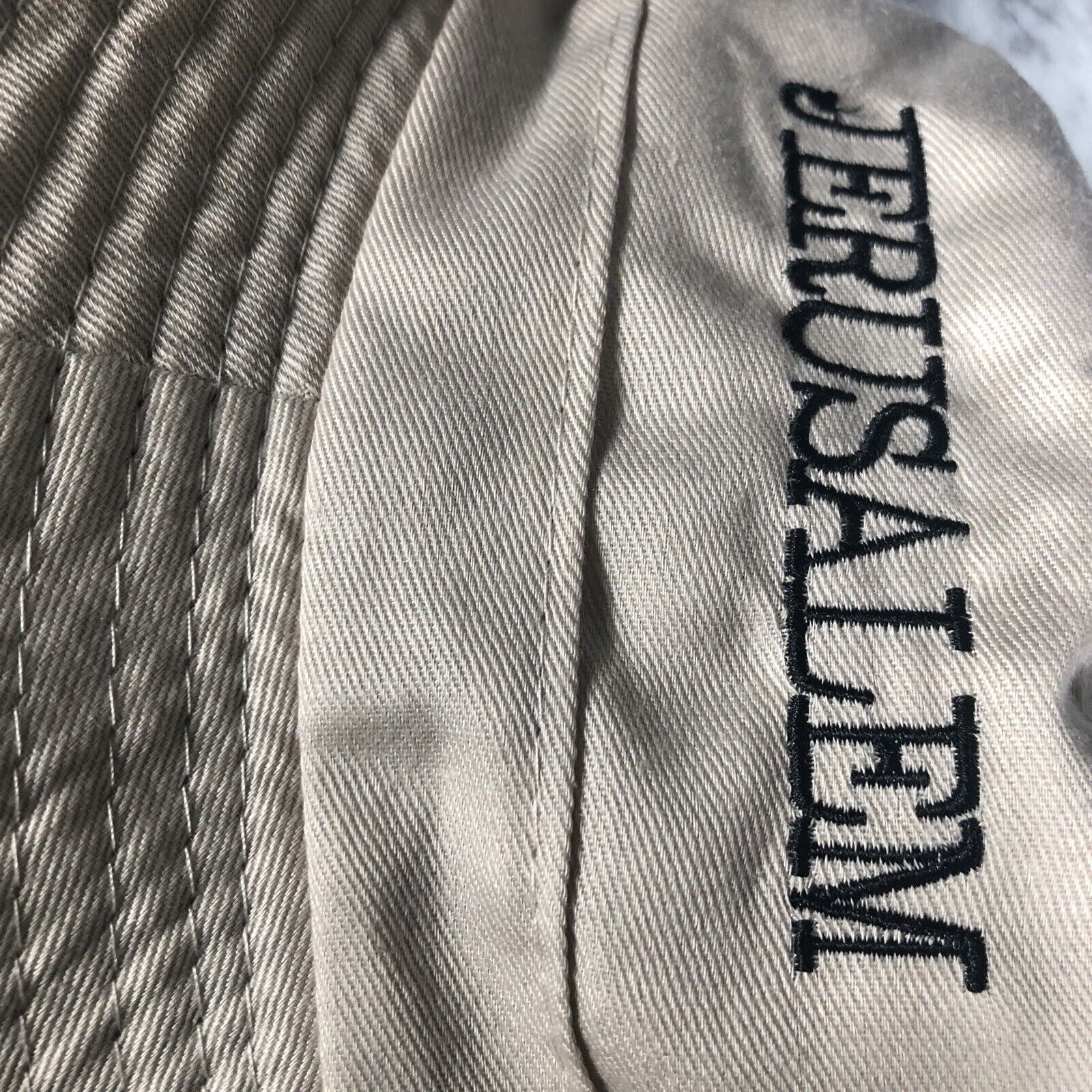 Jerusalem Embroidered Beige Bucket Hat With Back Zip & Inner Pocket
