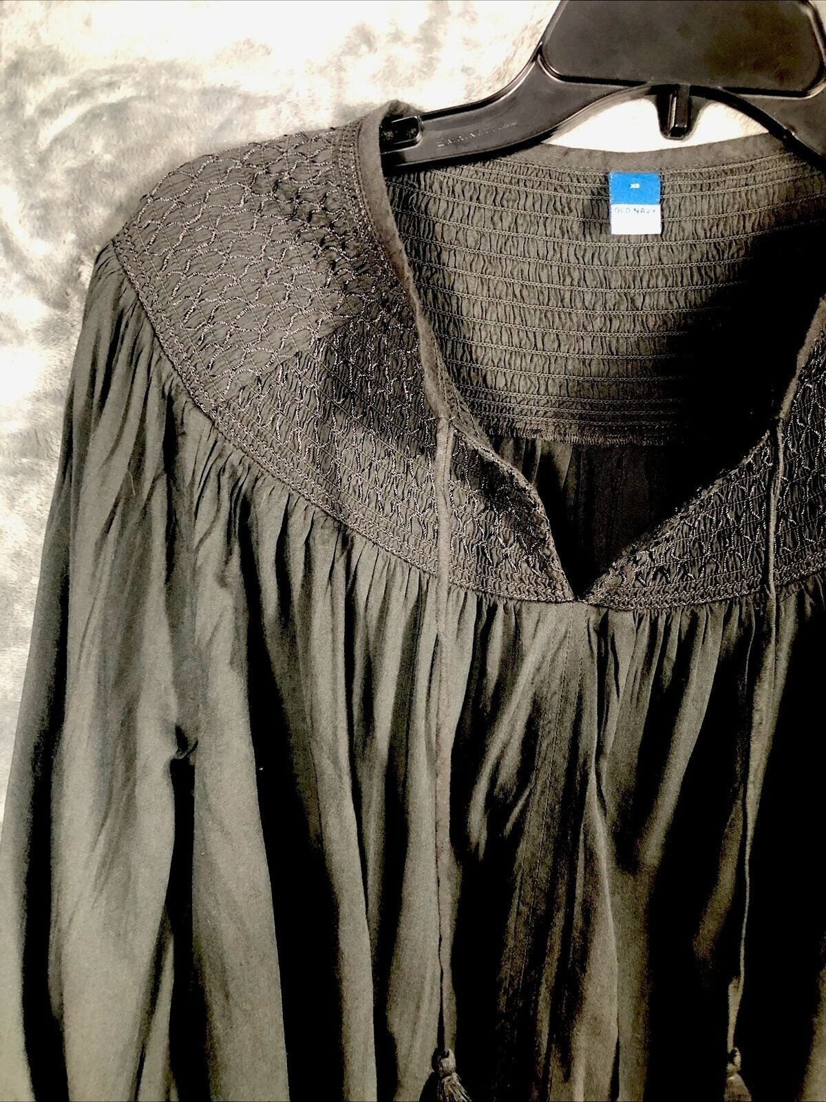 Old Navy Womens Black Boho Blouse XS Smocked Yoke Long Sleeve