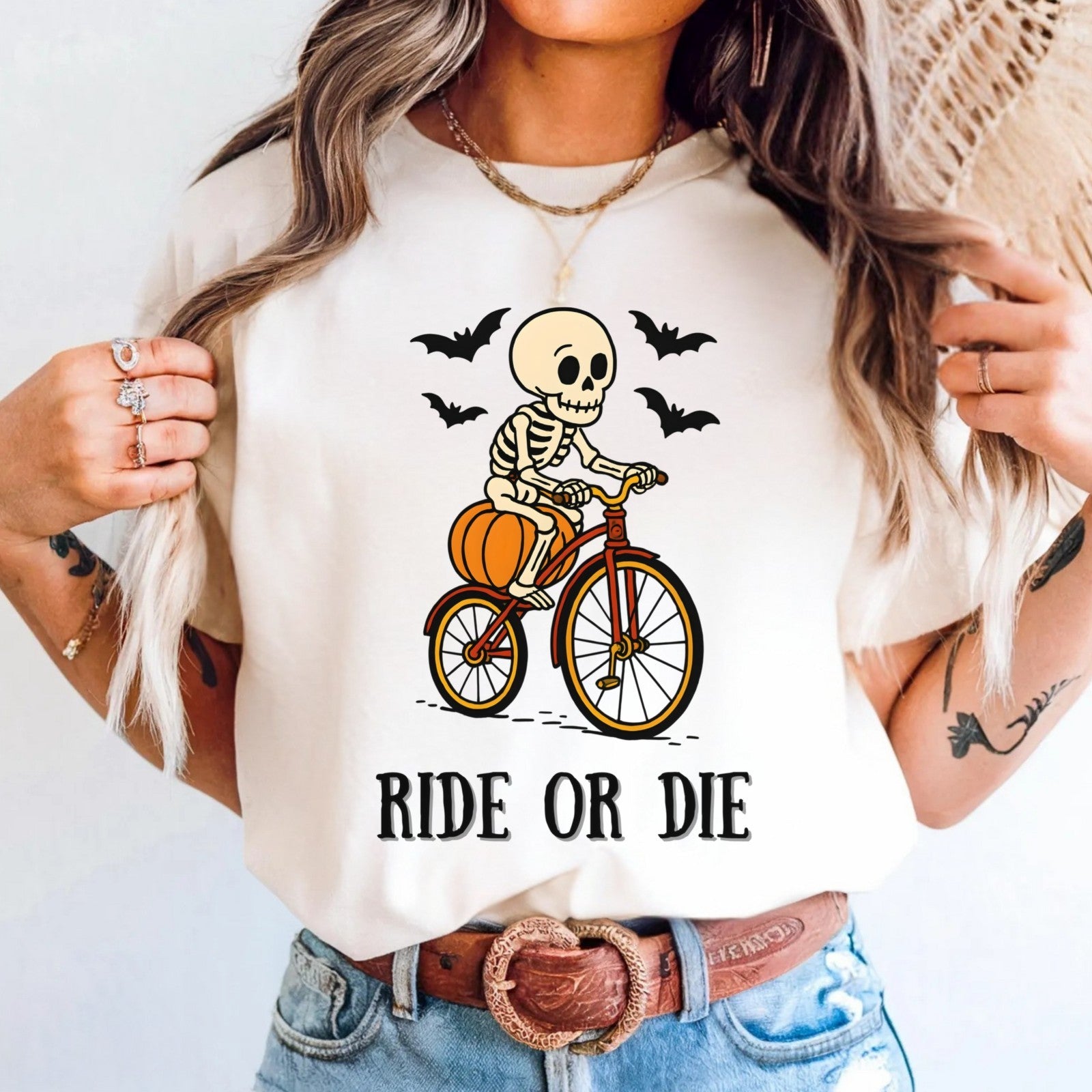 Womans Halloween T Shirt Ride Or Die Shirt  Skeleton on a Bike  Funny Tee
