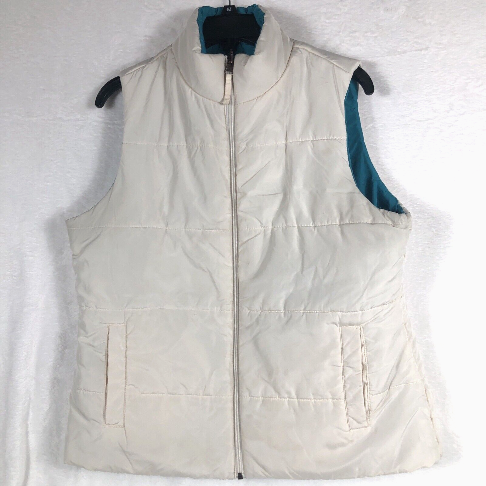 Merona Reversible Puffer Vest Womens Cream Teal Size Large Full Zip Pockets