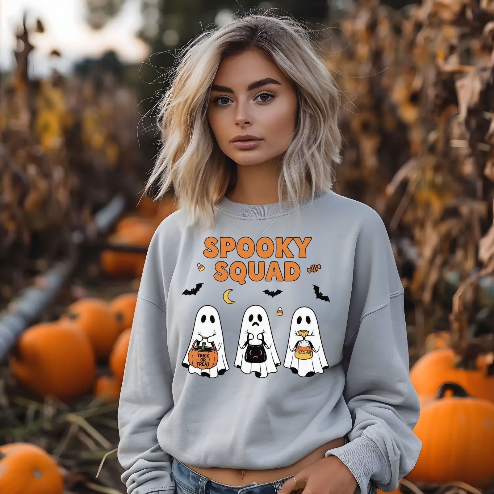 Womans Halloween Spooky Squad Sweatshirt Cute Ghost Pullover Fall Unisex Season