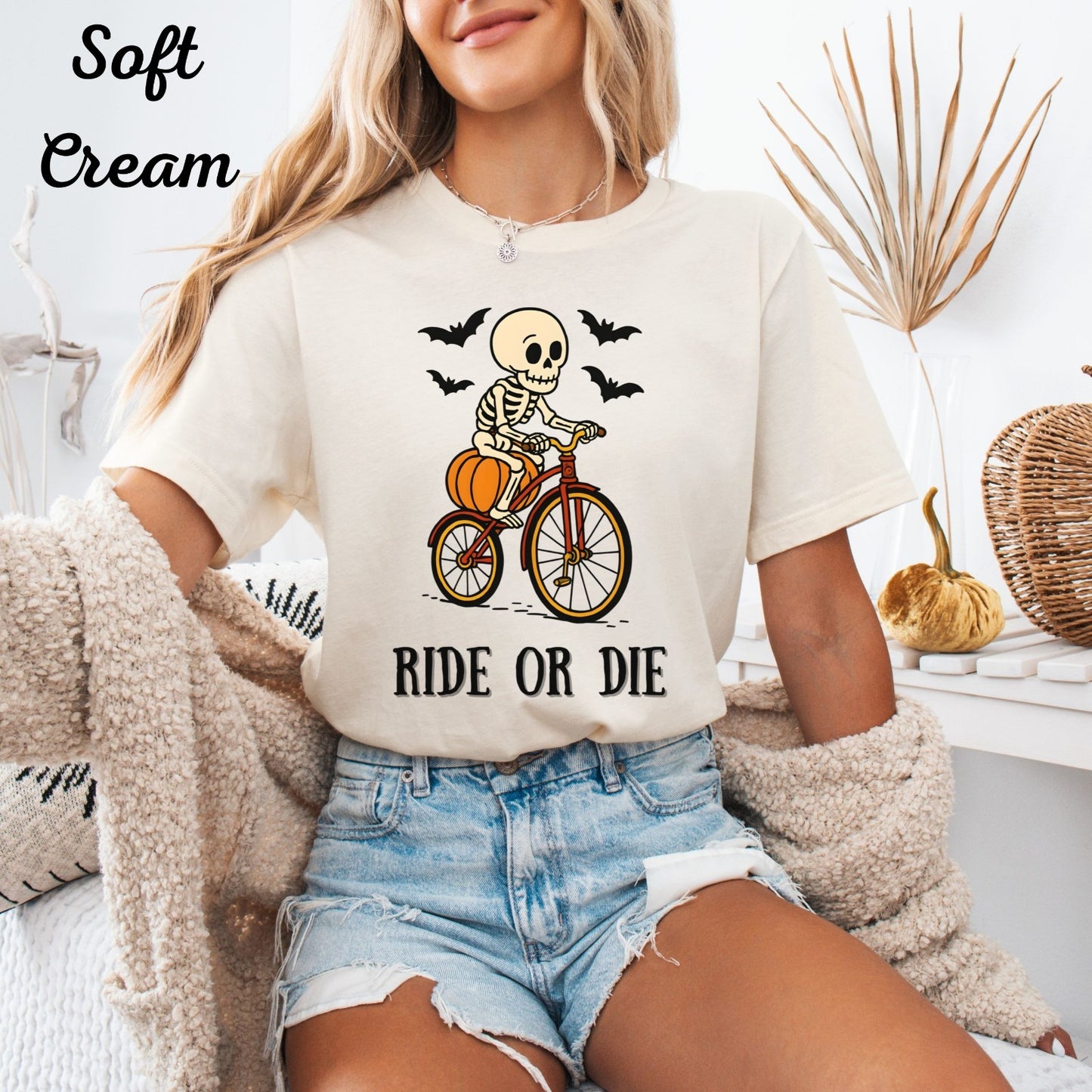 Womans Halloween T Shirt Ride Or Die Shirt  Skeleton on a Bike  Funny Tee