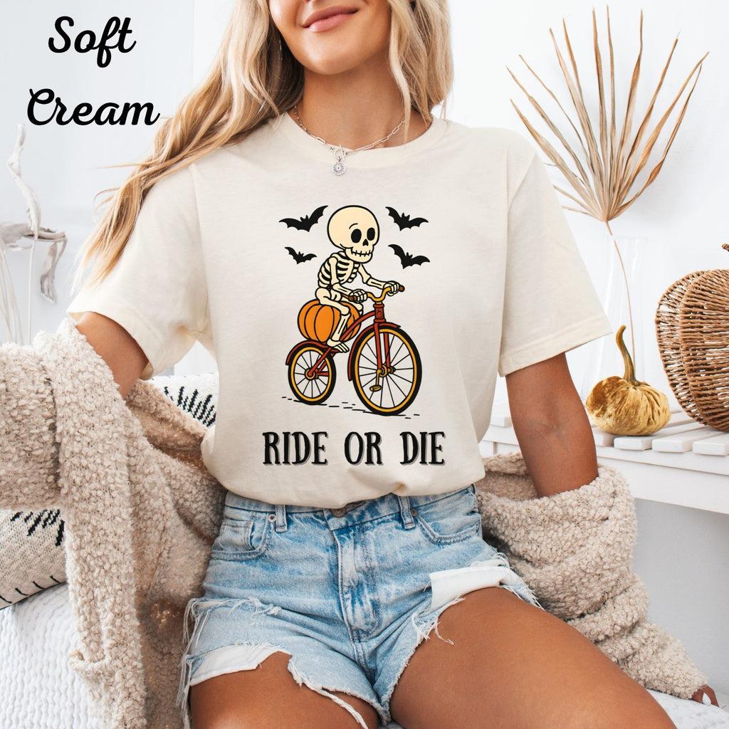 Womans Halloween T Shirt Ride Or Die Shirt  Skeleton on a Bike  Funny Tee