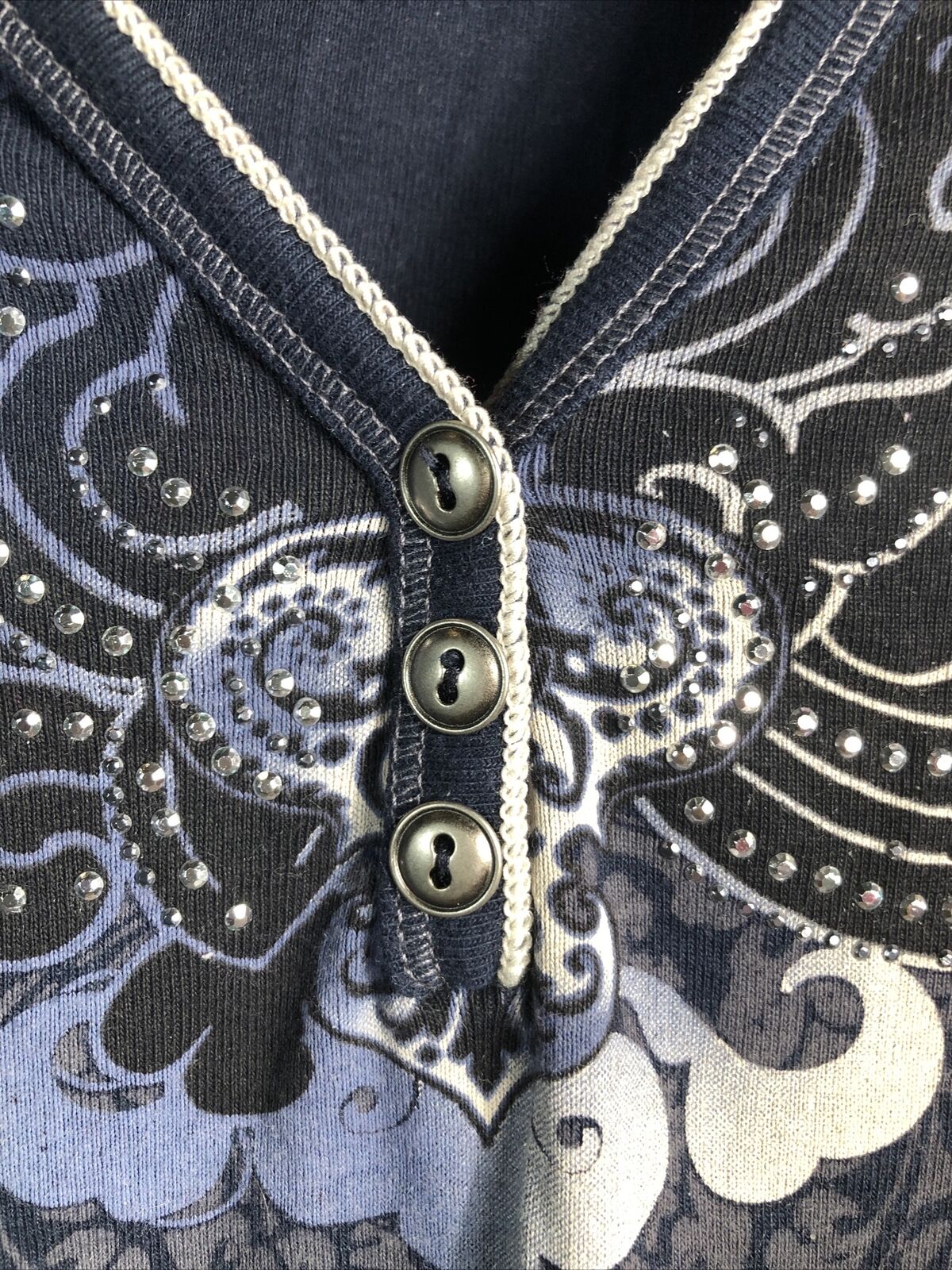 Dress Barn Navy Blue Floral Sparkle Button V Neck Women’s Size X-Large