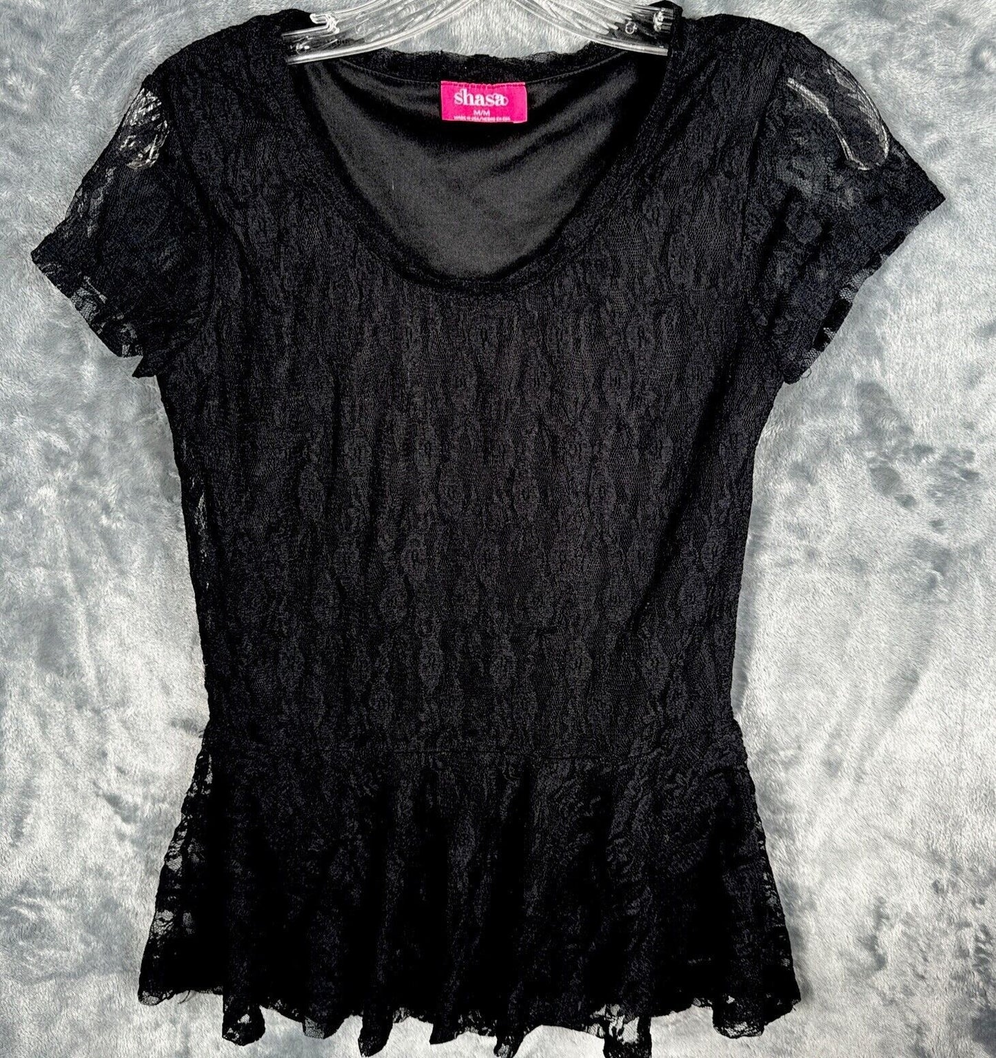 Shasa Woman's Blouse Black Lace Short Sleeve Peplum Top M/M Made In USA