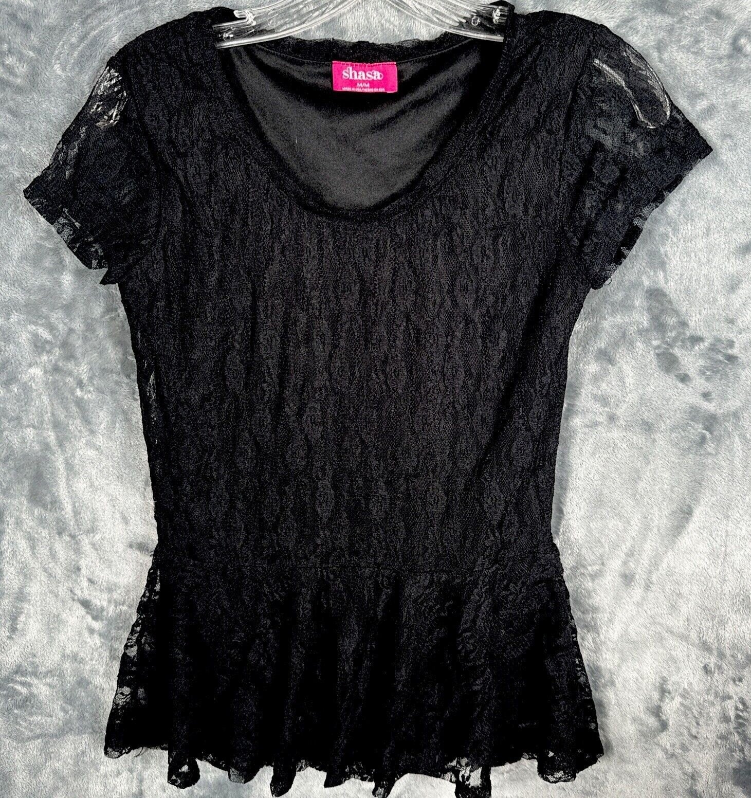 Shasa Woman's Blouse Black Lace Short Sleeve Peplum Top M/M Made In USA