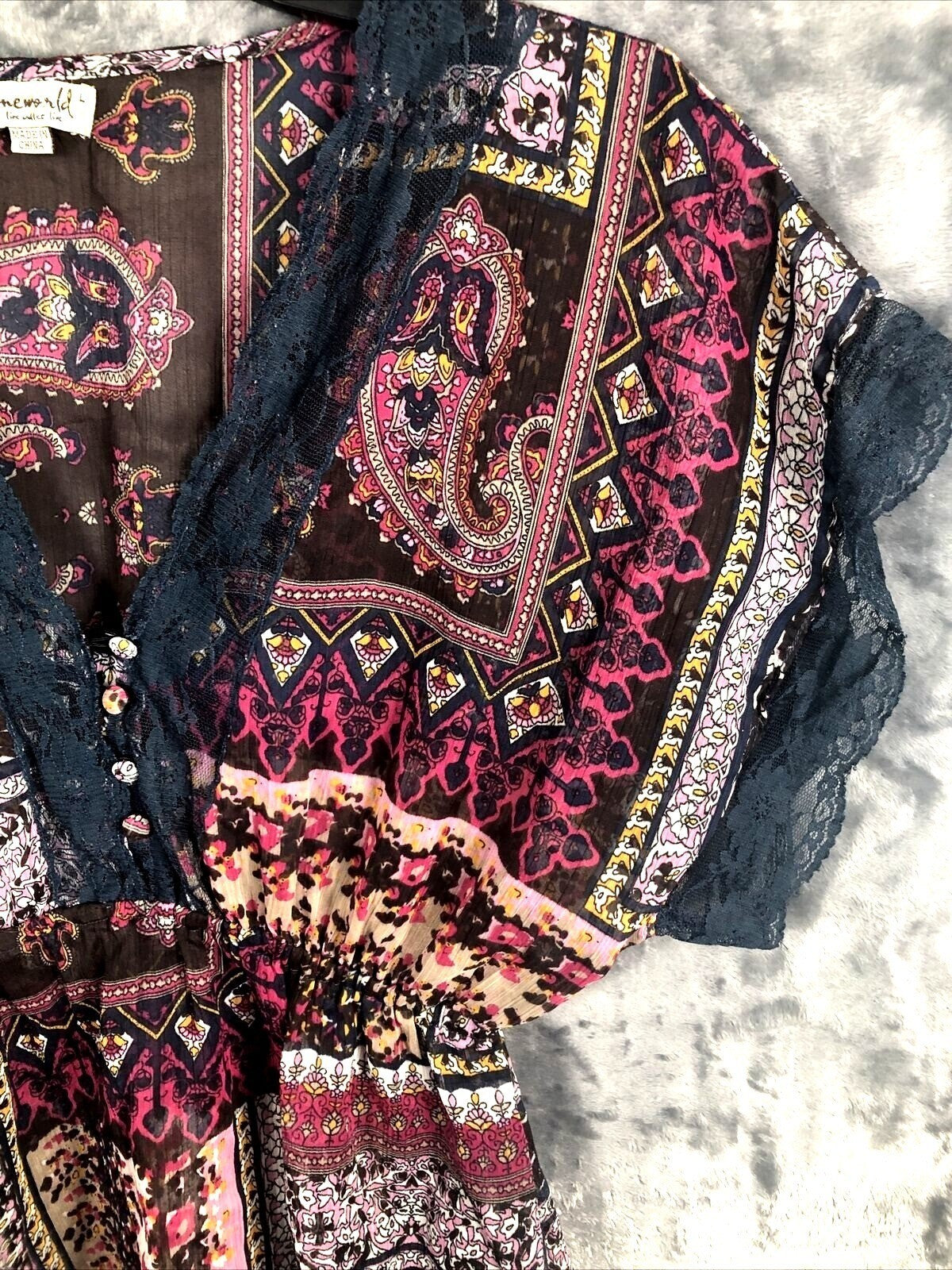 OneWorld Womens Blouse Boho Kimono Top With Lace Trim & Paisley Design