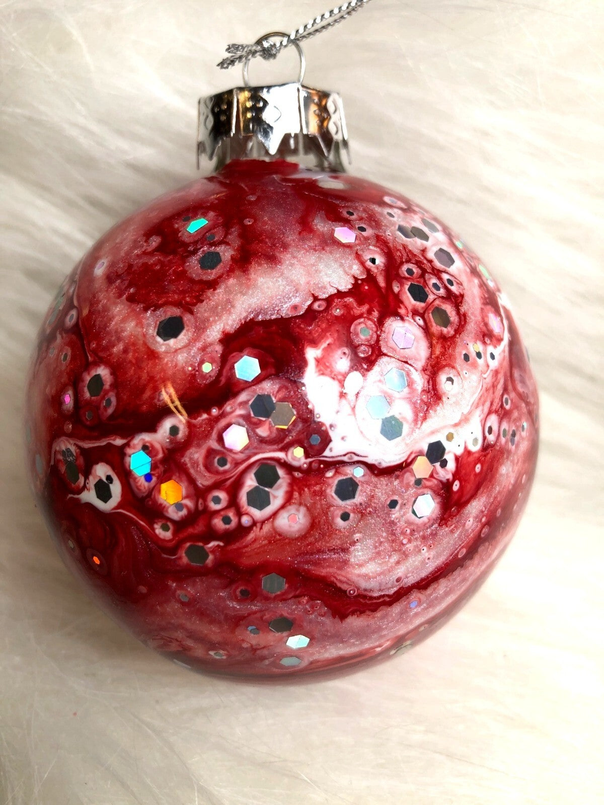 Hand-Painted Red & Silver Holiday Ornament With Glitter Accents For Christmas Tr