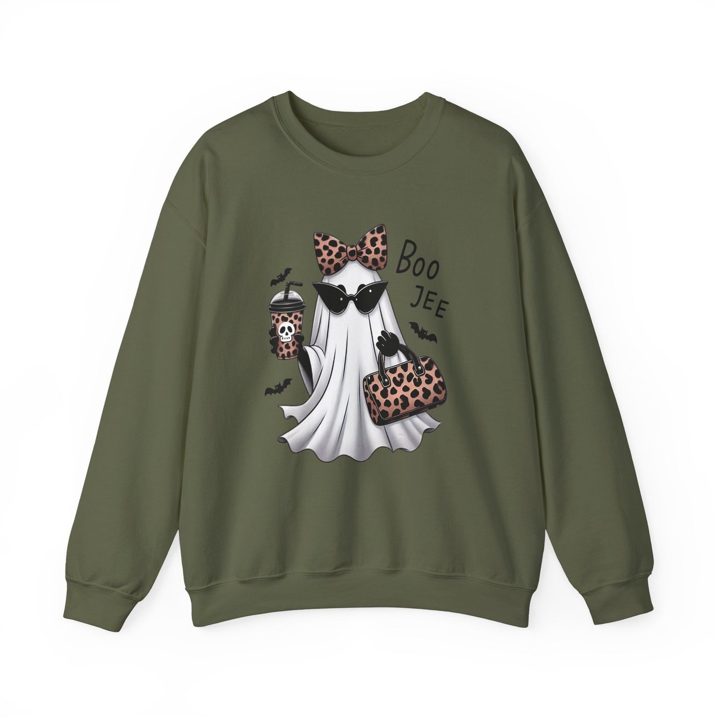 Womans Boojee Ghost Halloween Sweatshirt with Leopard Coquette Bow Cute Fall