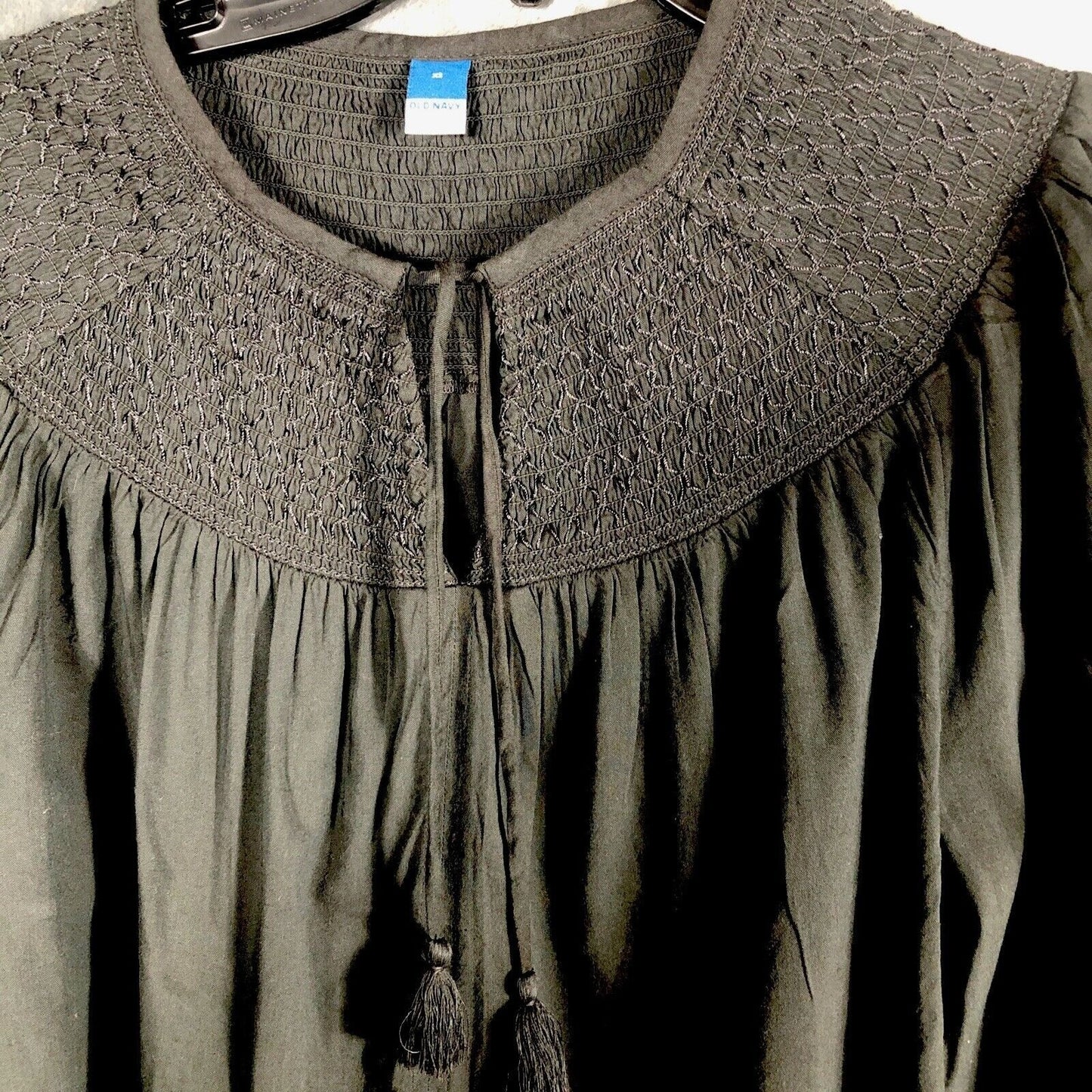 Old Navy Womens Black Boho Blouse XS Smocked Yoke Long Sleeve
