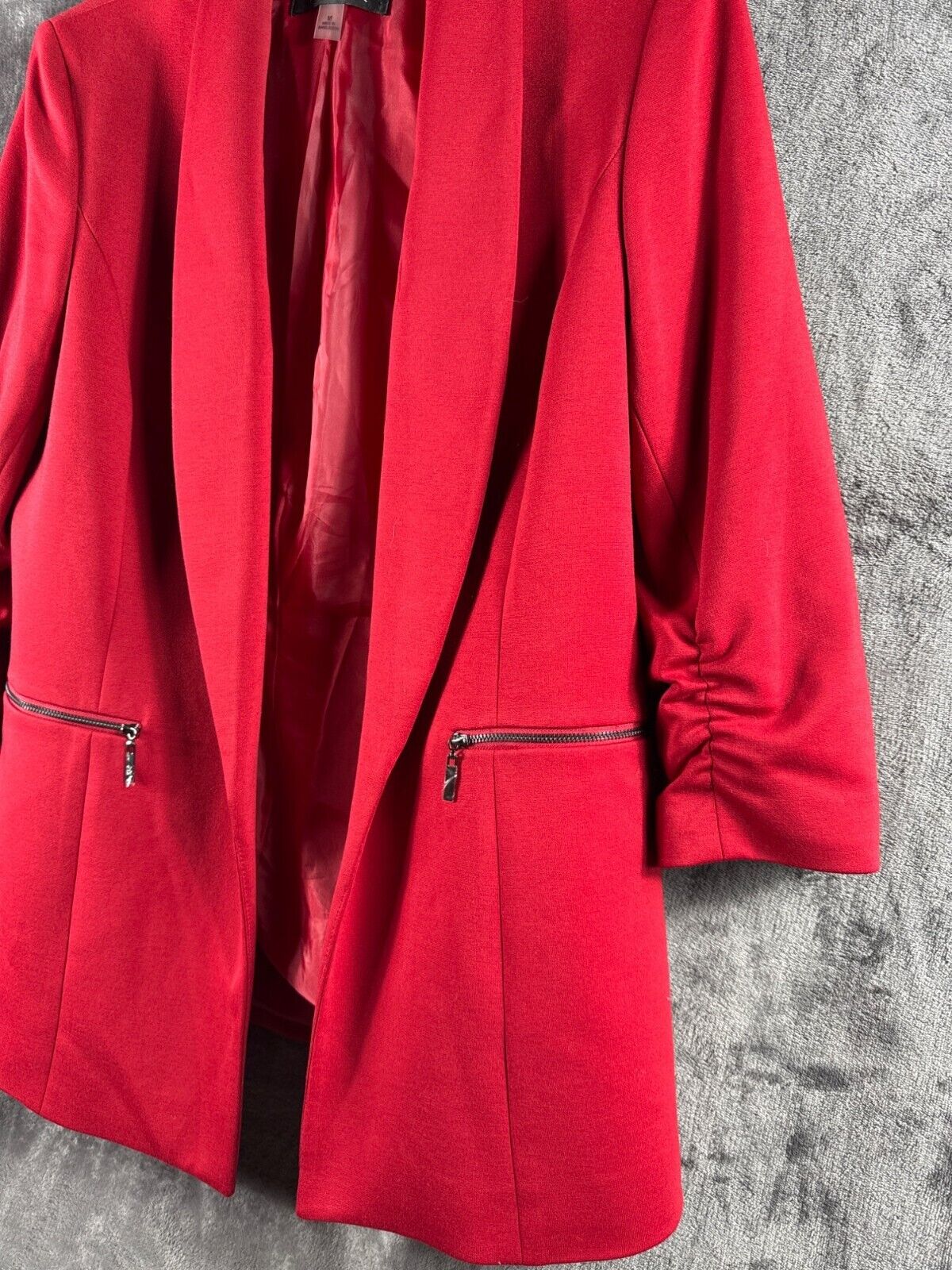 Kasper Womens Red Open-Front Blazer Jacket With Ruched Sleeves & Zipper Pockets