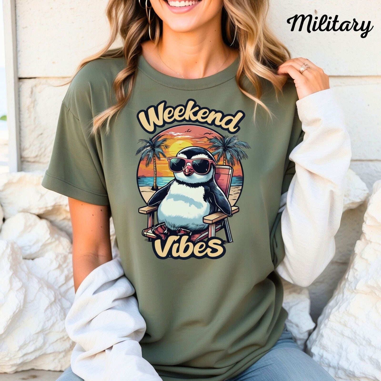 Gildan Womans T Shirt Weekend Vibes Green Shirt Penguin & Sunset Sizes S-3X