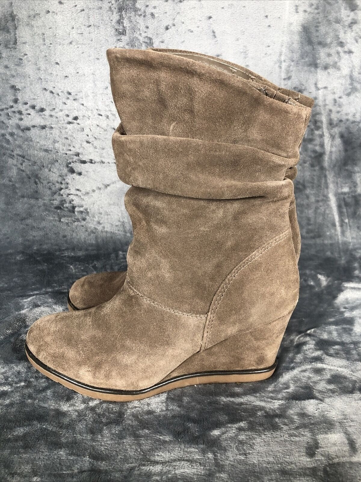 Suede Boots Woman's Wedge Heel Slouch Brown Boots With Zipper Closure & Stitch