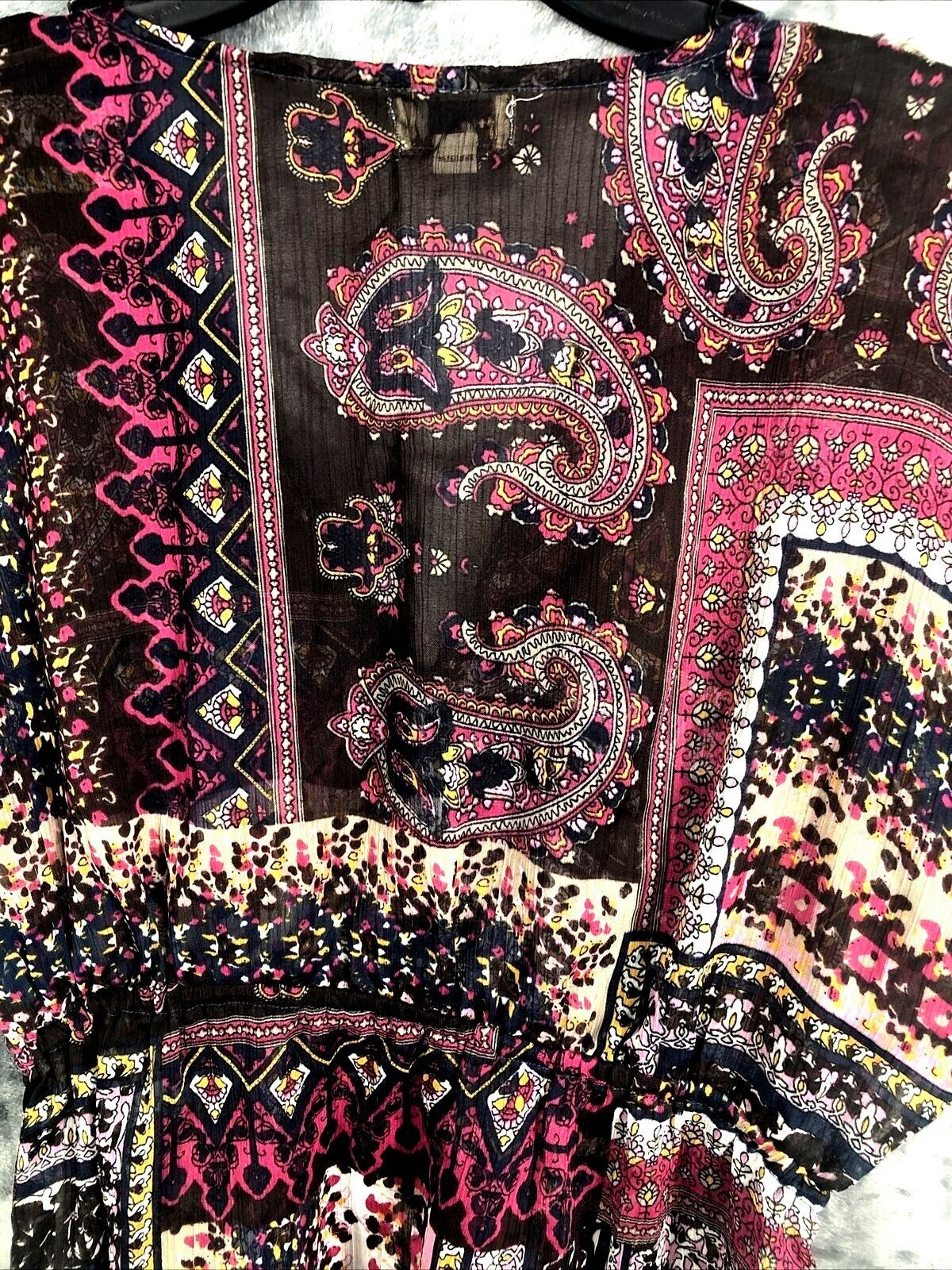 OneWorld Womens Blouse Boho Kimono Top With Lace Trim & Paisley Design
