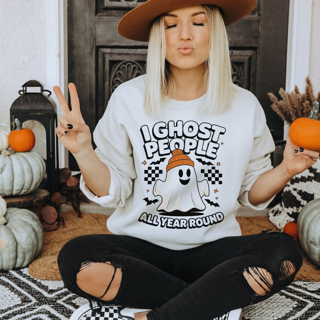 Womans Halloween Sweatshirt I Ghost People All Year Round Funny Spooky Season 