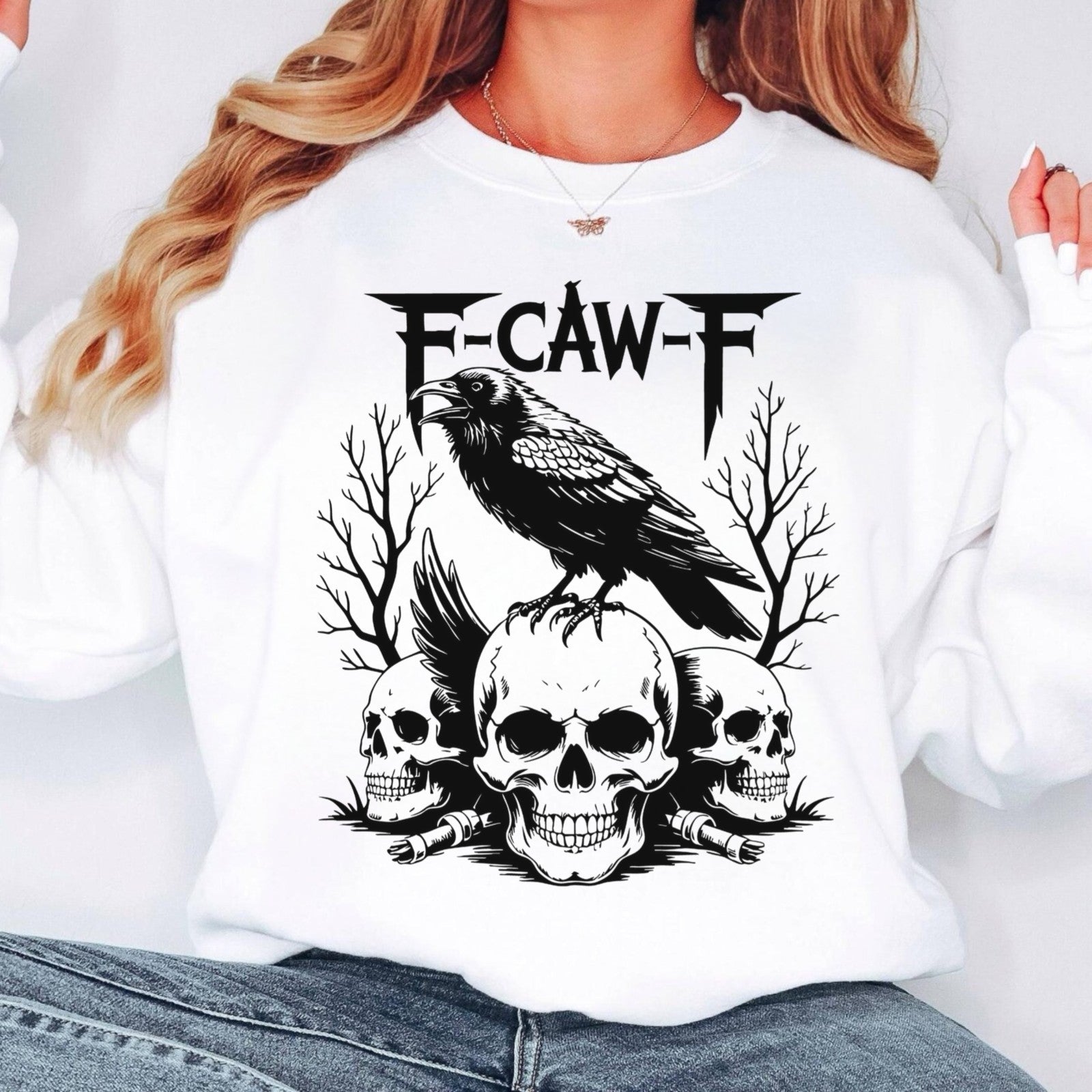 F-CAW-F Raven Skull Sweatshirt Gothic Crow Skull Tee Metal Style Halloween Gift