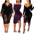 Mesh Black Sheer Bodycon Dress With Long Sleeves & Front Tie S