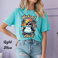 Womans T Shirt Summer Weekend Vibes Blue Graphic Shirt With Penguin Design