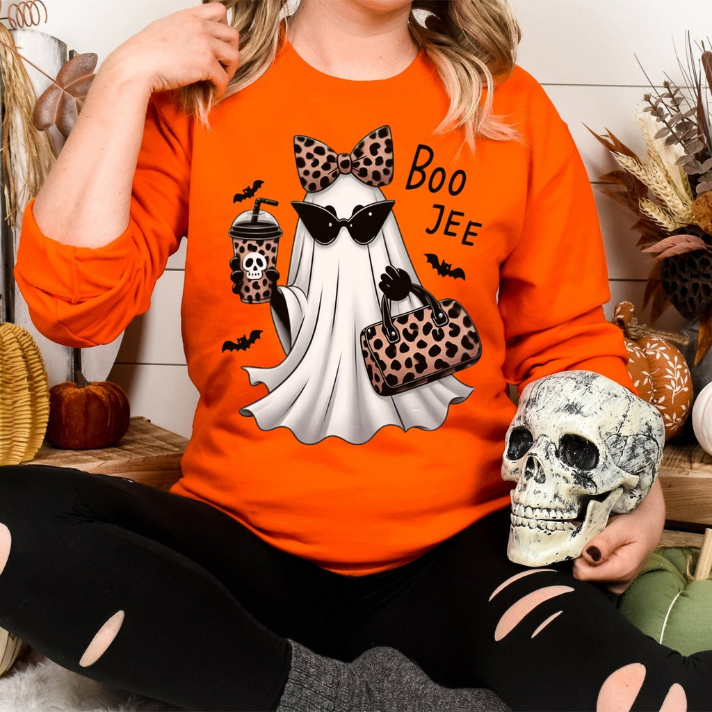 Womans Boojee Ghost Halloween Sweatshirt with Leopard Coquette Bow Cute Fall