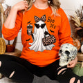 Womans Boojee Ghost Halloween Sweatshirt with Leopard Coquette Bow Cute Fall