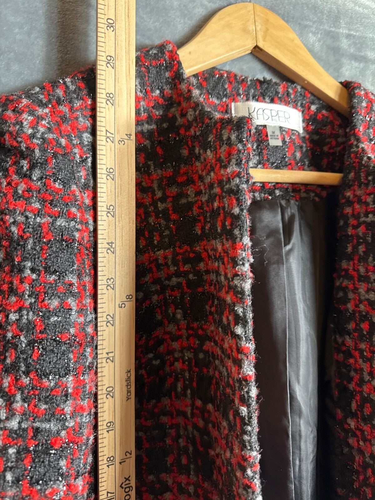 Kasper Womens Medium Tweed Plaid Open Front Blazer Jacket Made In Vietnam