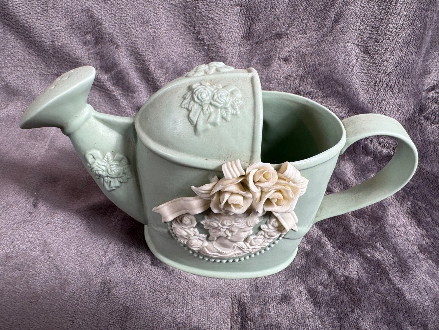 Vintage Ceramic Watering Can With Floral Embellishments & Cherub Design