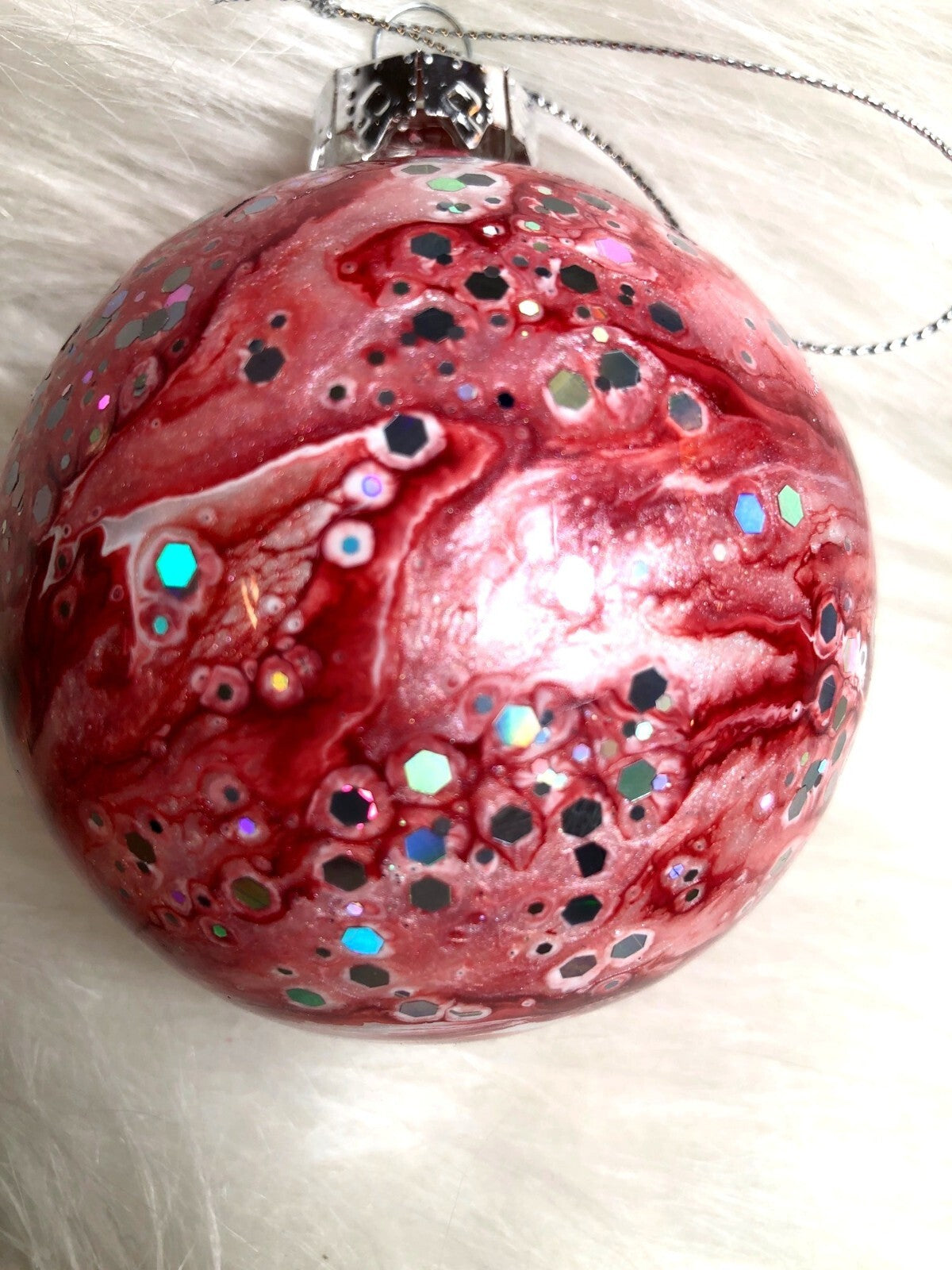 Hand-Painted Red & Silver Holiday Ornament With Glitter Accents For Christmas Tr