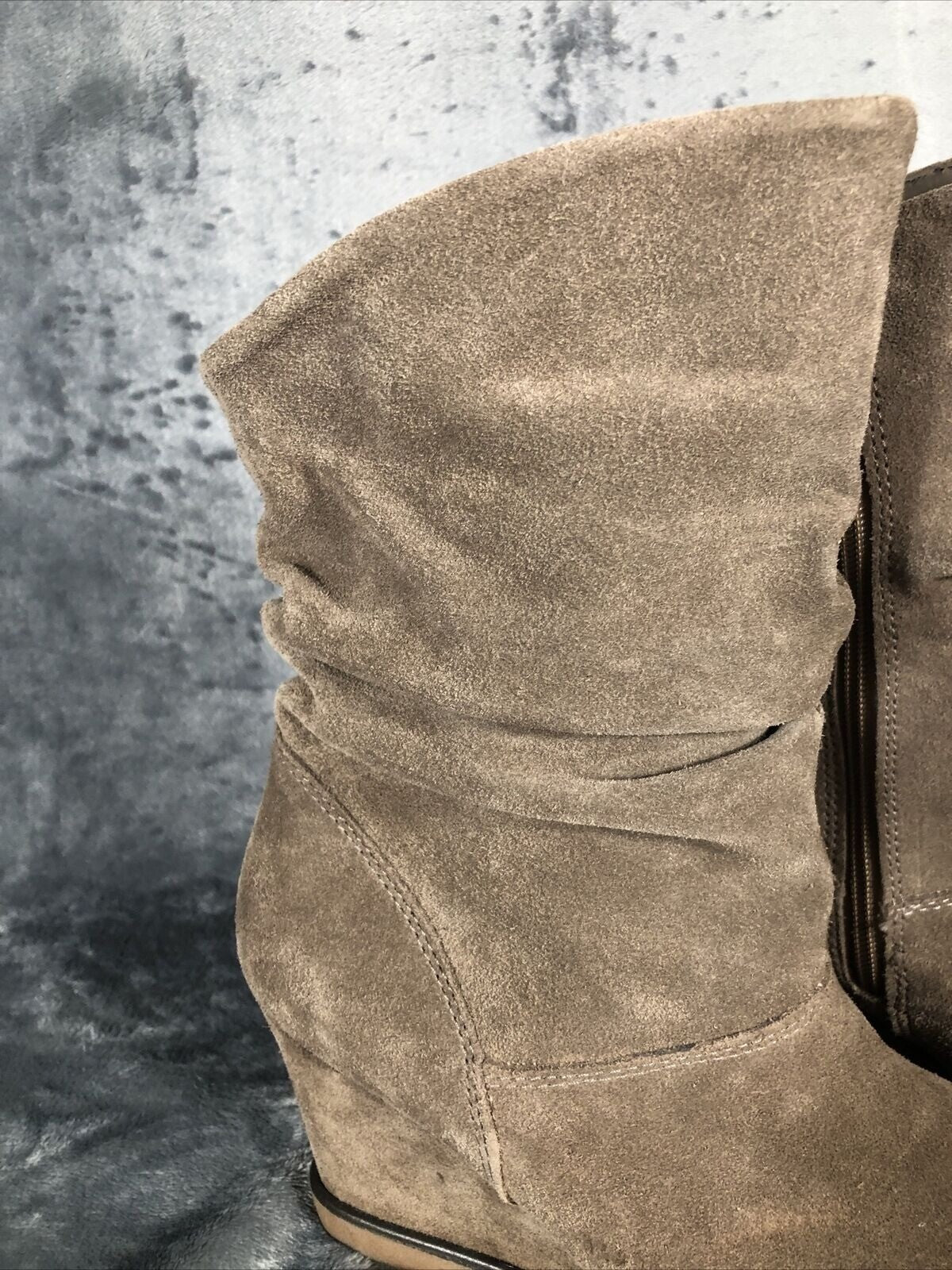 Suede Boots Woman's Wedge Heel Slouch Brown Boots With Zipper Closure & Stitch