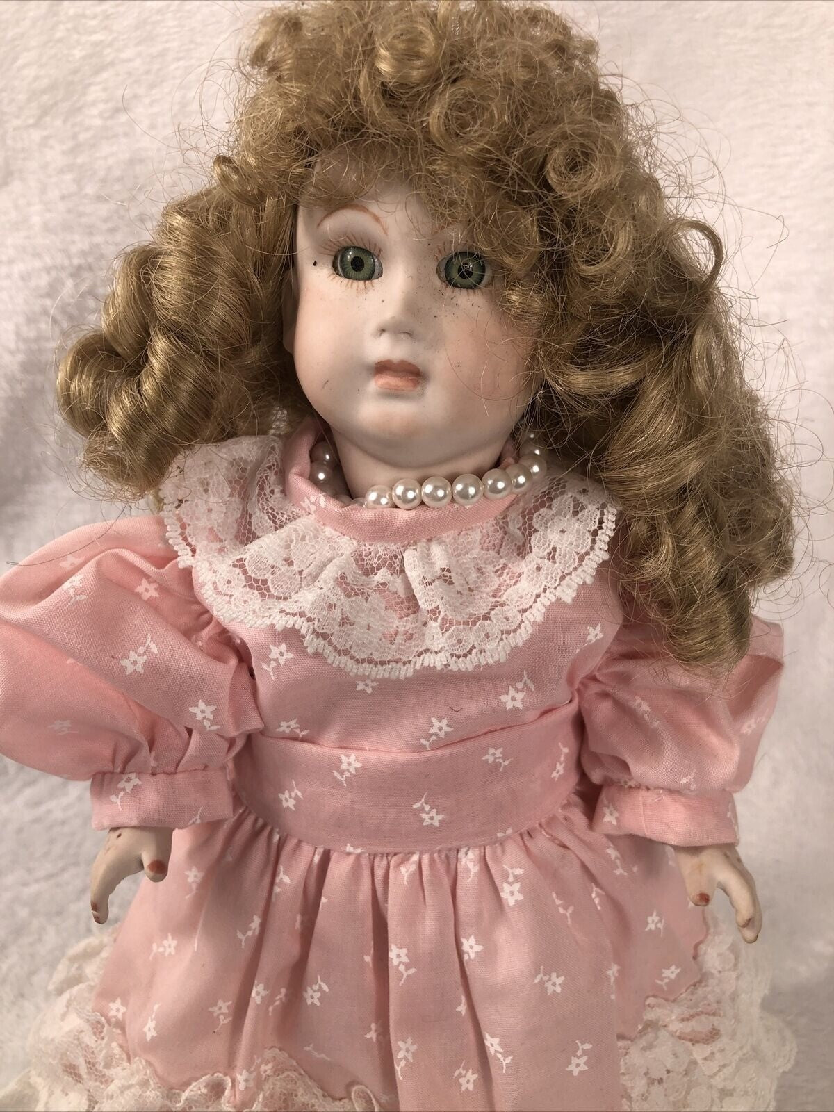 Vintage Porcelain Doll With Curly Hair & Pink Lace Dress