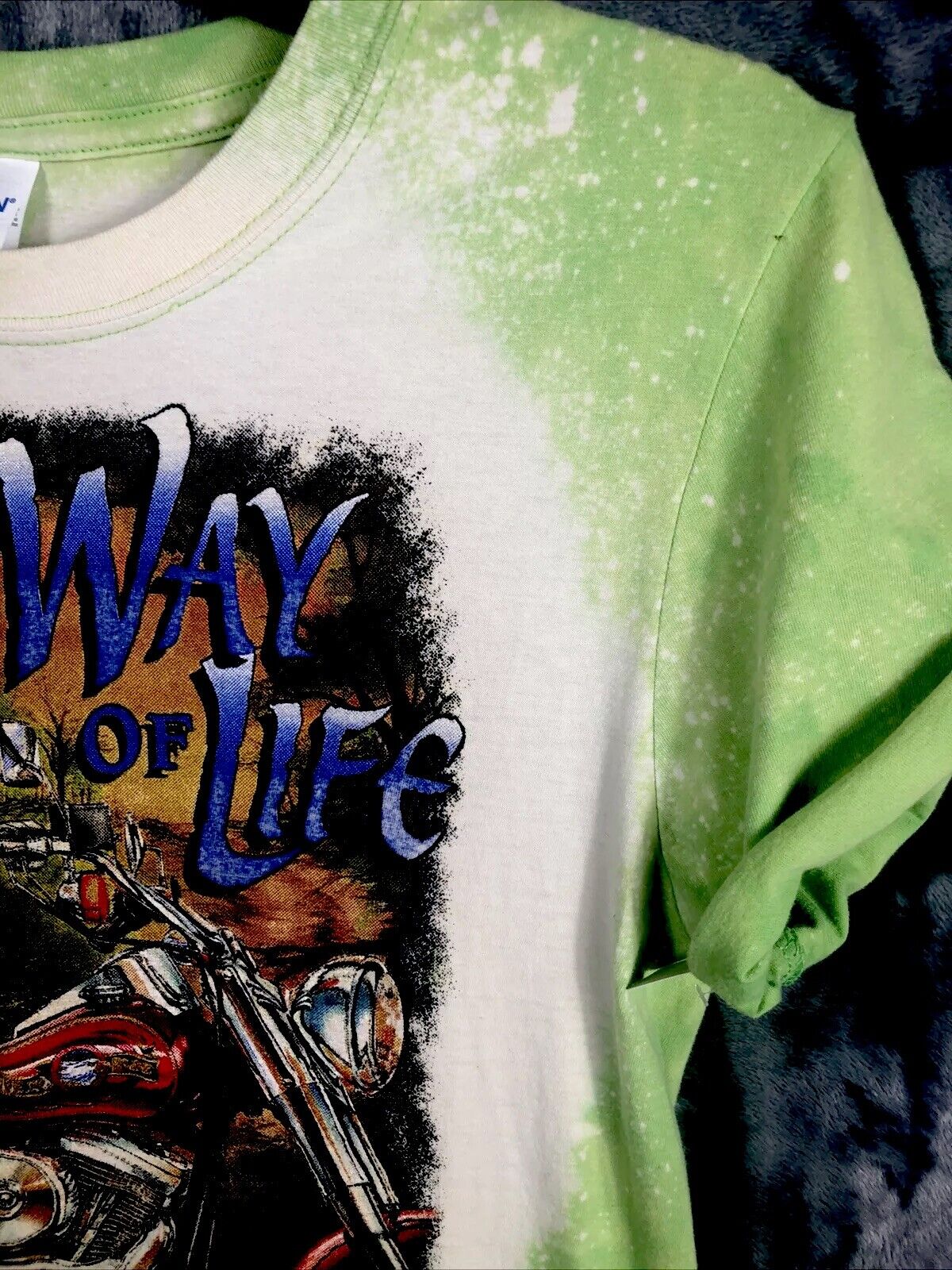 Biker T Shirt Tie Dye Bleached A Way Of Life Womens Distressed Green Small Shirt