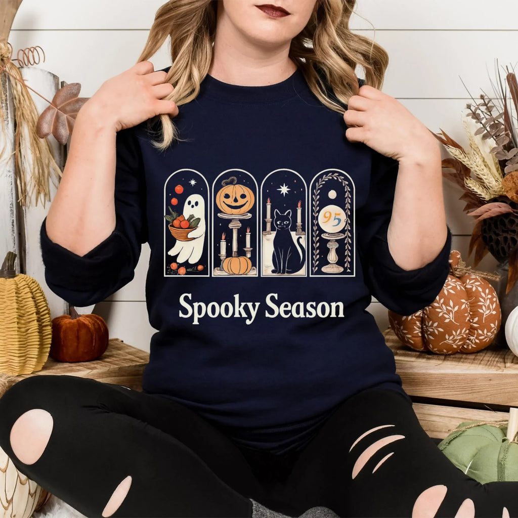 Womans Halloween Sweatshirt Spooky Season Retro Pumpkin Ghosts Black Cat vibes