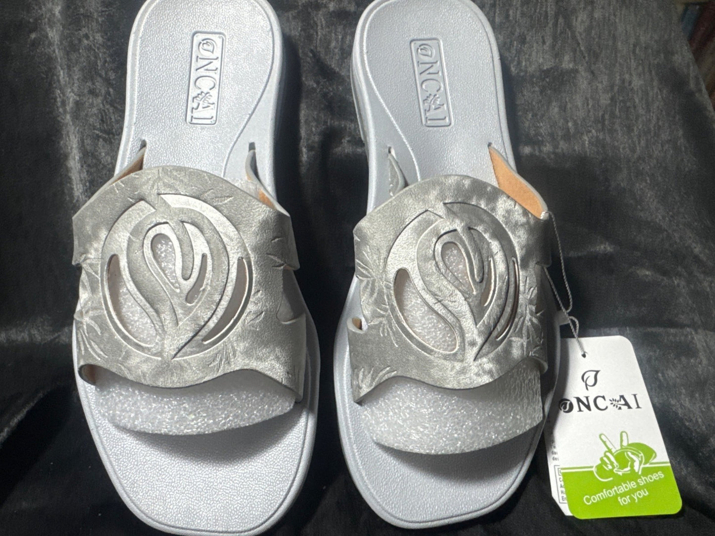 Womens Silver Slip-On Sandals By Oncai With Stylish Cut-Out Design & Embossed